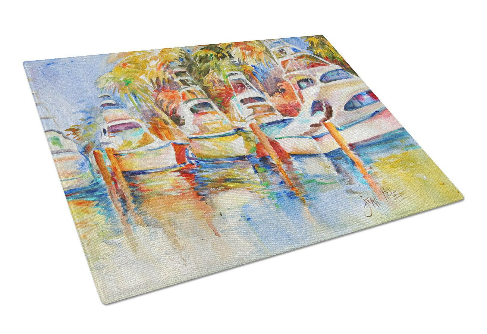 Deep Sea Fishing Boats at the Dock Cutting Board Tempered Glass Kitchen Cutting Surface, Heat Resistant Chopping, Non-Slip Feet, Food Prep & Serving