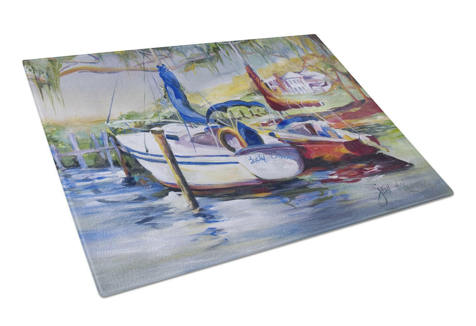 Lucky Dream Sailboat Cutting Board Tempered Glass Kitchen Cutting Surface, Heat Resistant Chopping, Non-Slip Feet, Food Prep & Serving