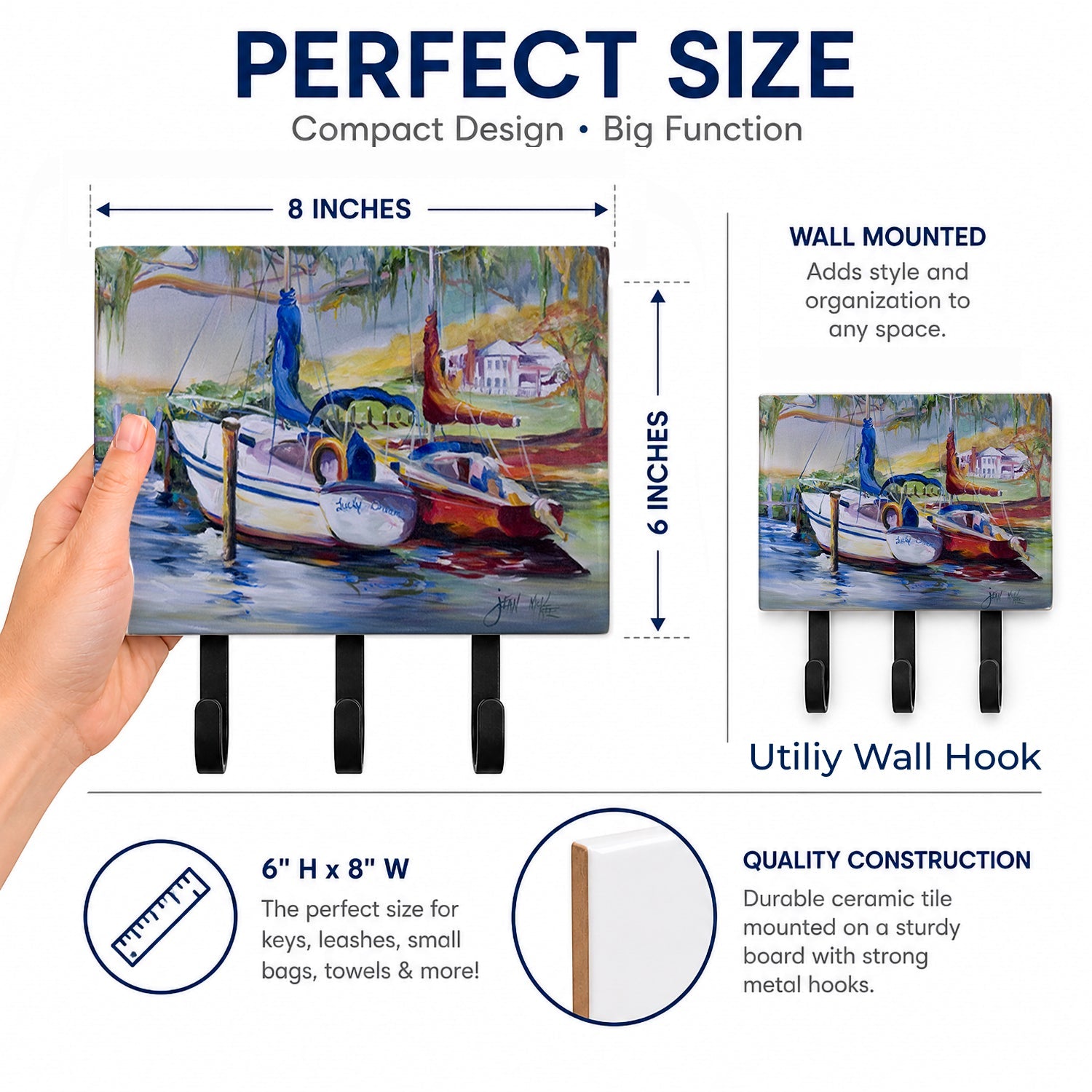 Lucky Dream Sailboat Leash or Key Holder Wall Hooks, Coat Rack Wall Mount, for Hanging Keys, Towels, Aprons, Leashes