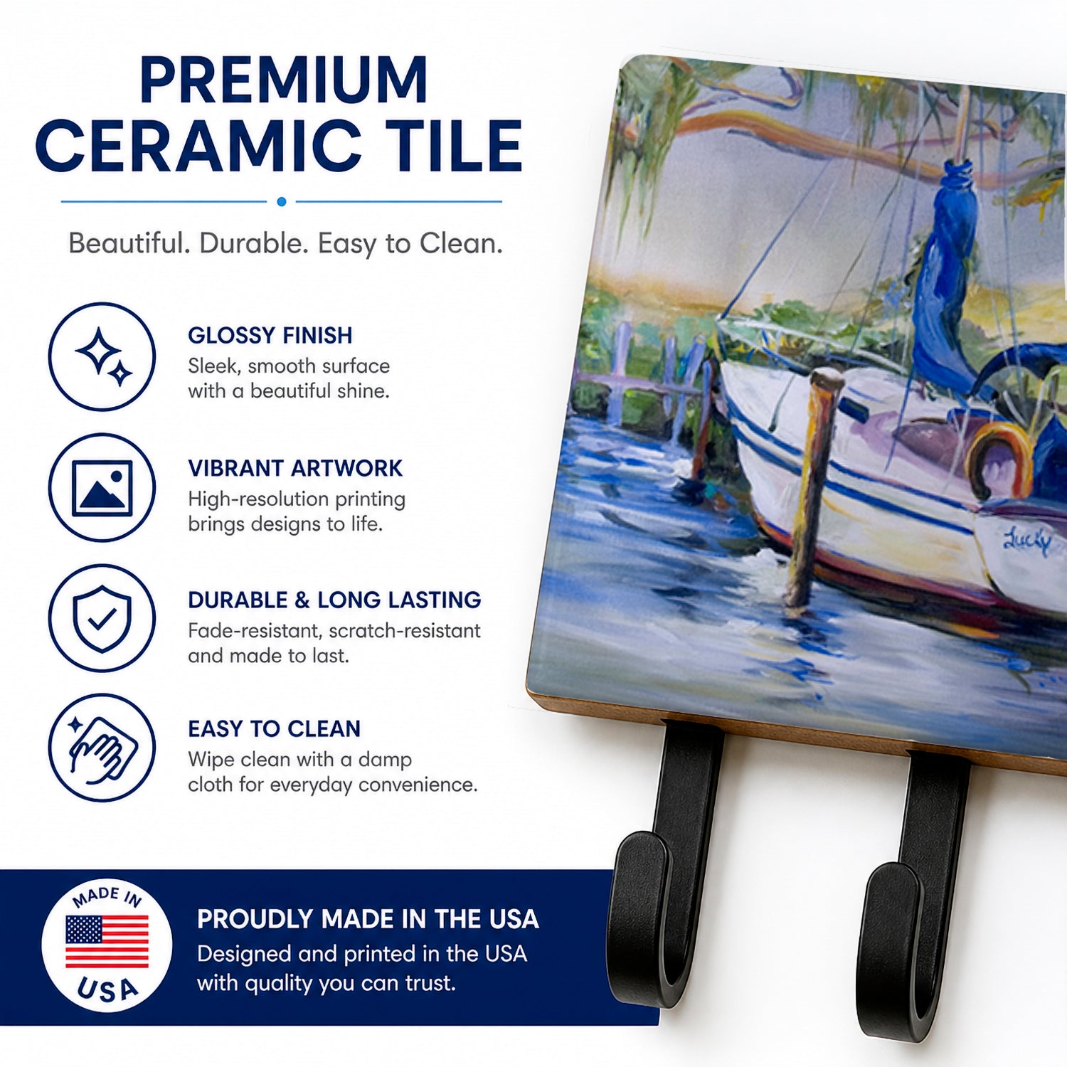 Lucky Dream Sailboat Leash or Key Holder Wall Hooks, Coat Rack Wall Mount, for Hanging Keys, Towels, Aprons, Leashes