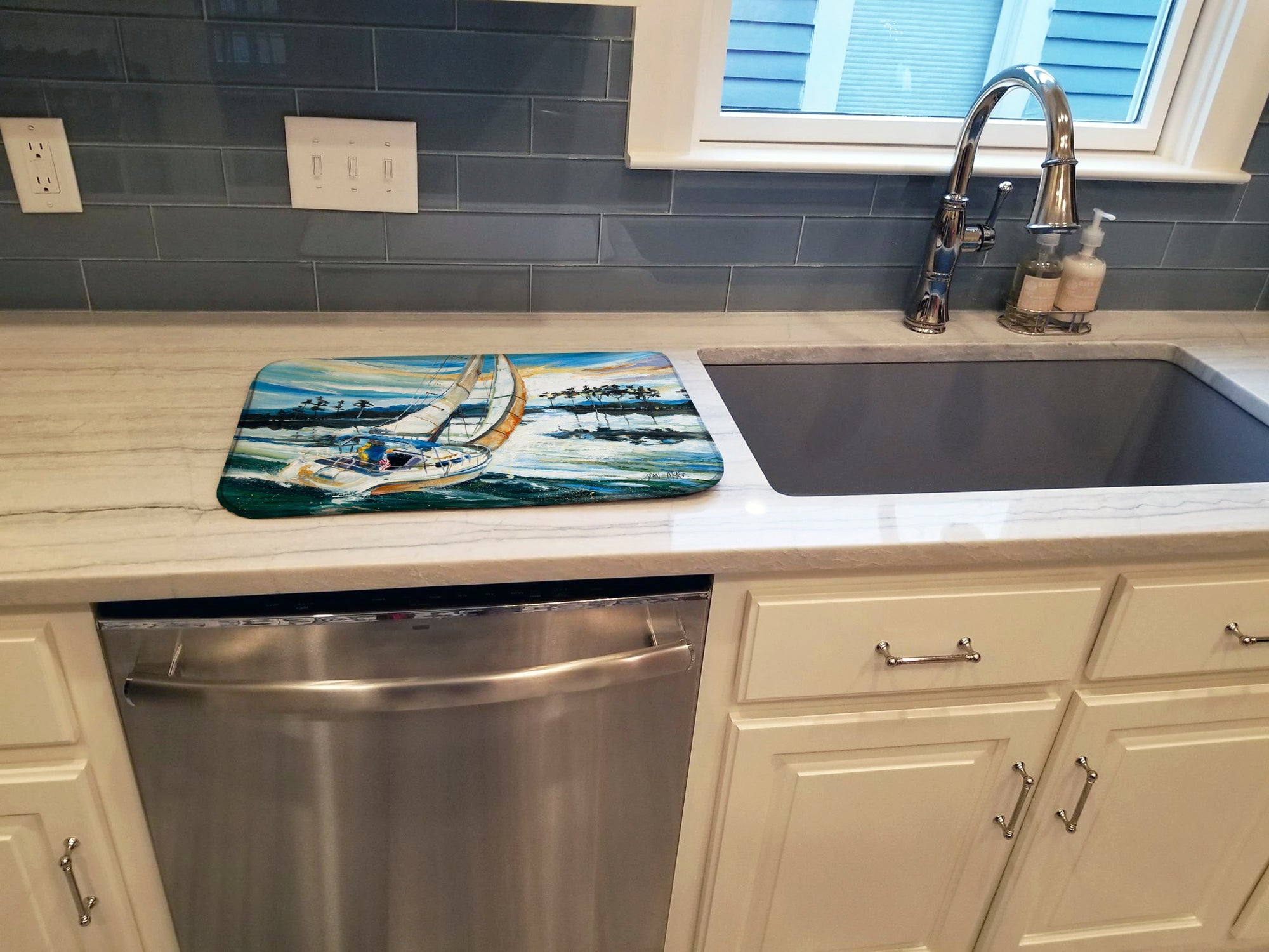 Sailboats on Lake Martin Dish Drying Mat Absorbent Dish Drying Mat Pad for Kitchen Counter Dish Drainer Mat for Countertop, 14 x 21", Multicolor