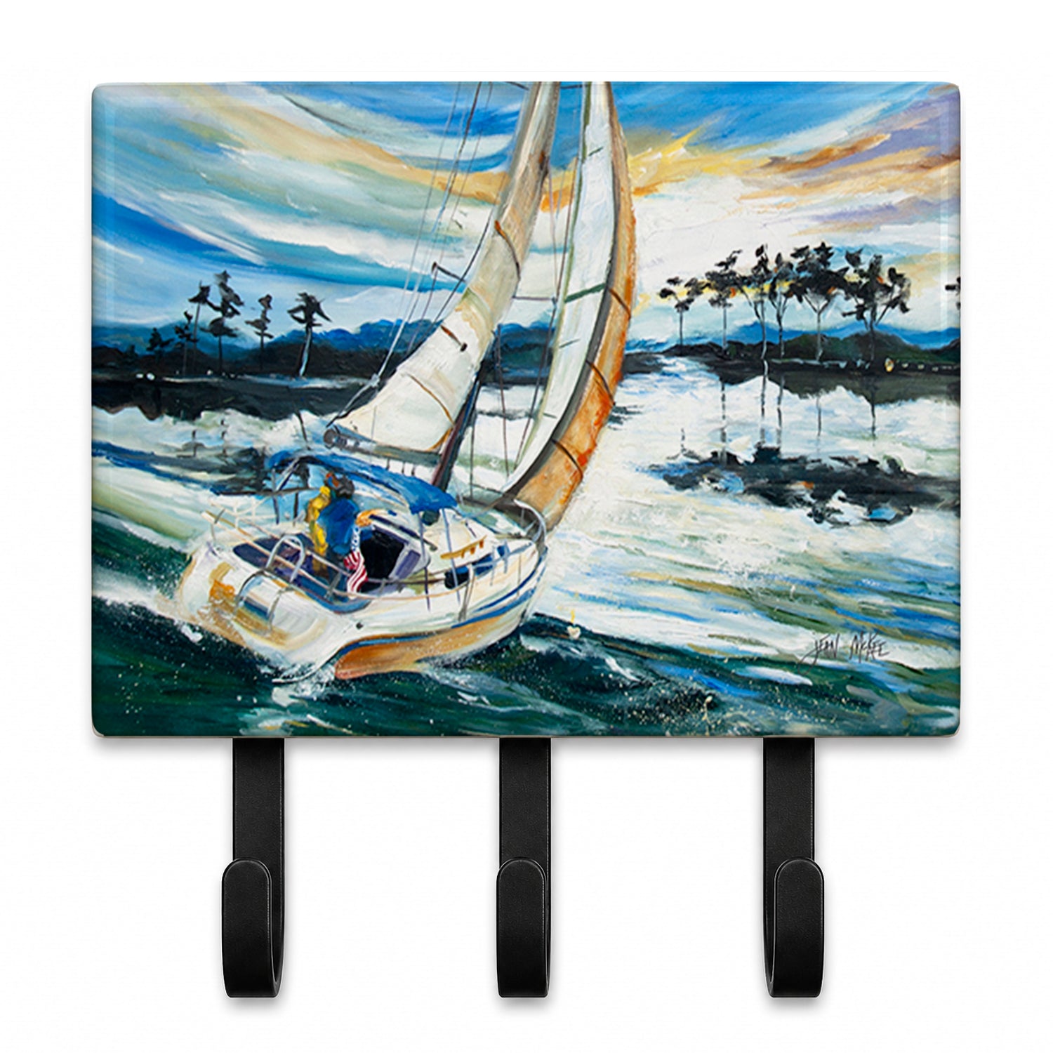 Sailboats on Lake Martin Leash or Key Holder Wall Hooks, Coat Rack Wall Mount, for Hanging Keys, Towels, Aprons, Leashes