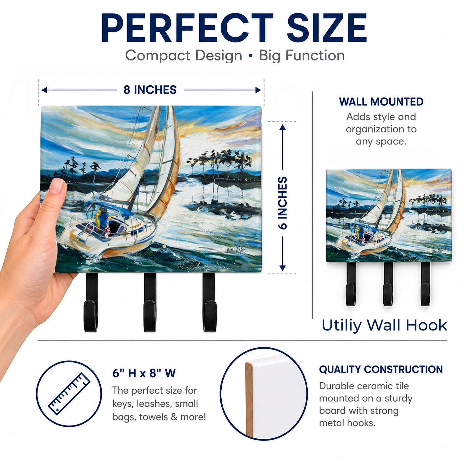 Sailboats on Lake Martin Leash or Key Holder Wall Hooks, Coat Rack Wall Mount, for Hanging Keys, Towels, Aprons, Leashes