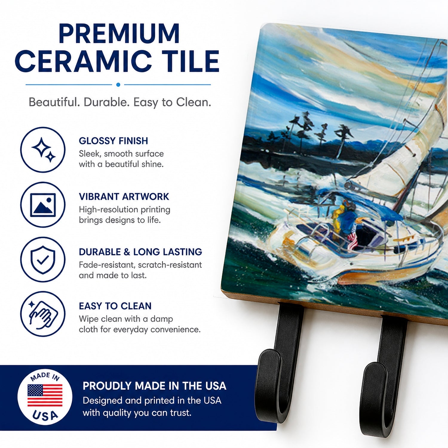 Sailboats on Lake Martin Leash or Key Holder Wall Hooks, Coat Rack Wall Mount, for Hanging Keys, Towels, Aprons, Leashes