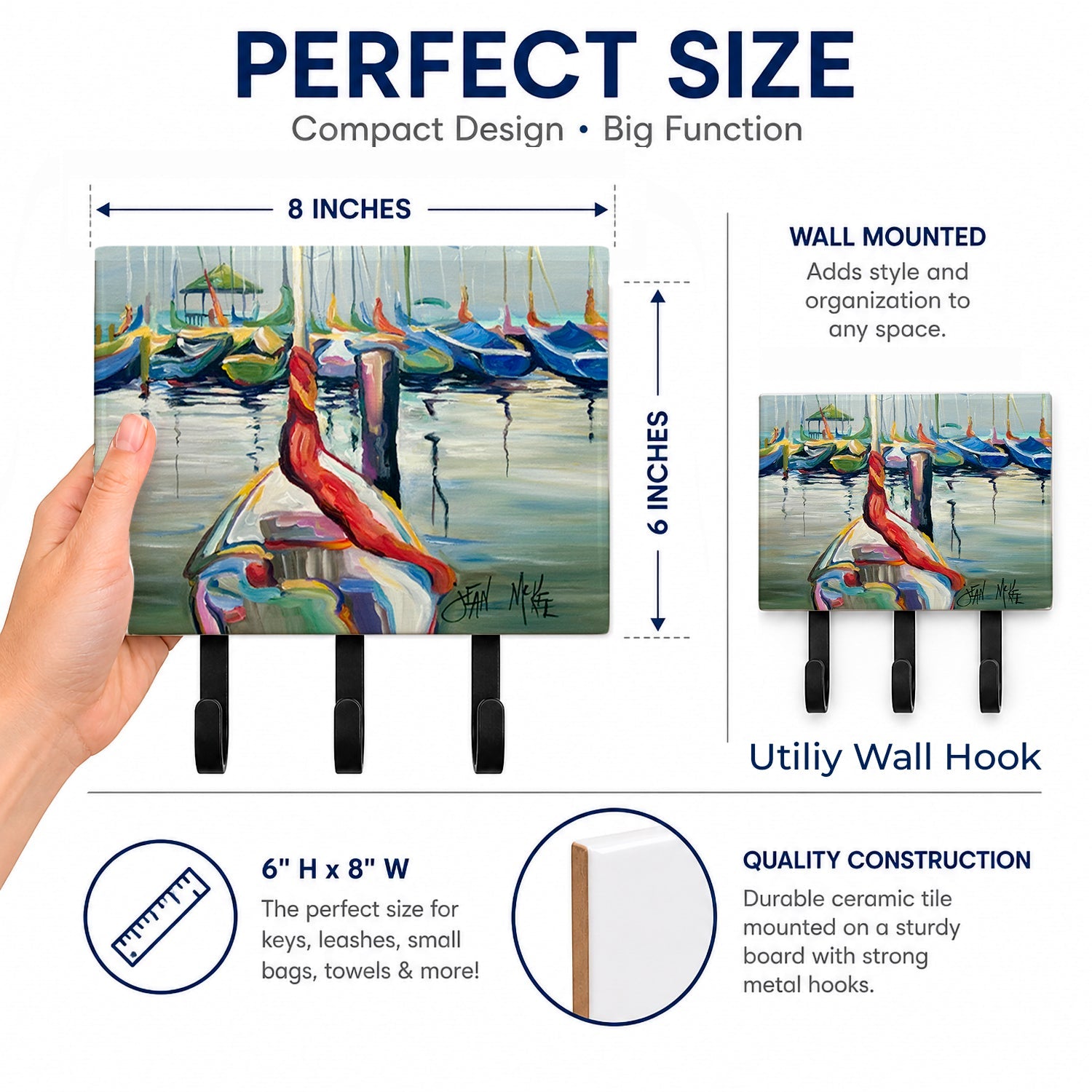 LaSalle Sailboats Leash or Key Holder Wall Hooks, Coat Rack Wall Mount, for Hanging Keys, Towels, Aprons, Leashes