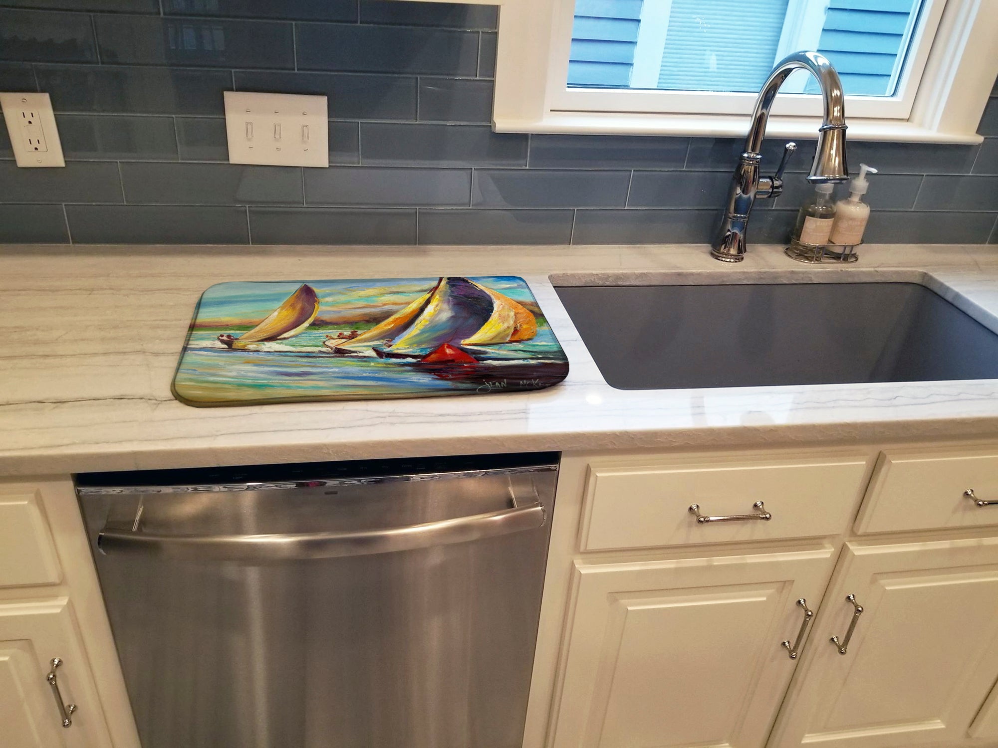 Knost Regatta Pass Christian Sailboats Dish Drying Mat Absorbent Dish Drying Mat Pad for Kitchen Counter Dish Drainer Mat for Countertop, 14 x 21", Multicolor