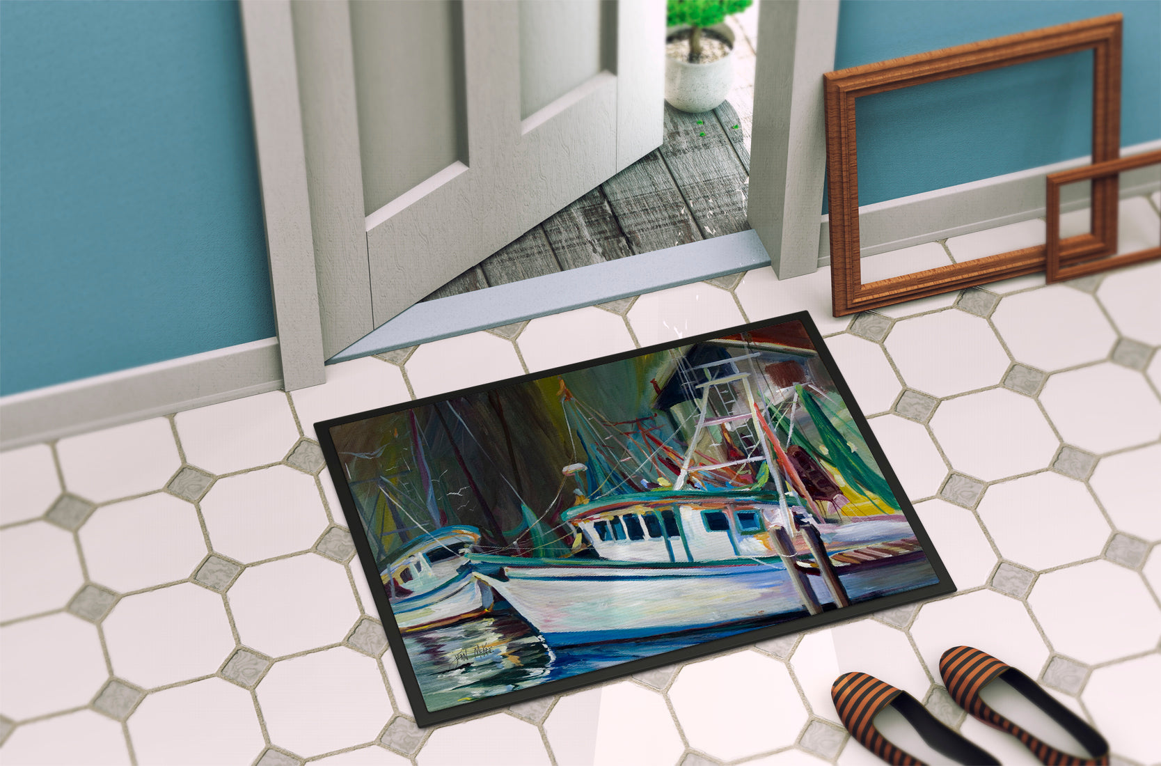 Joe Patti Shrimp Boat Doormat Indoor Outdoor 24H X 36W Front Door Mat Rugs for Entryway, Non Slip Washable Low Pile,