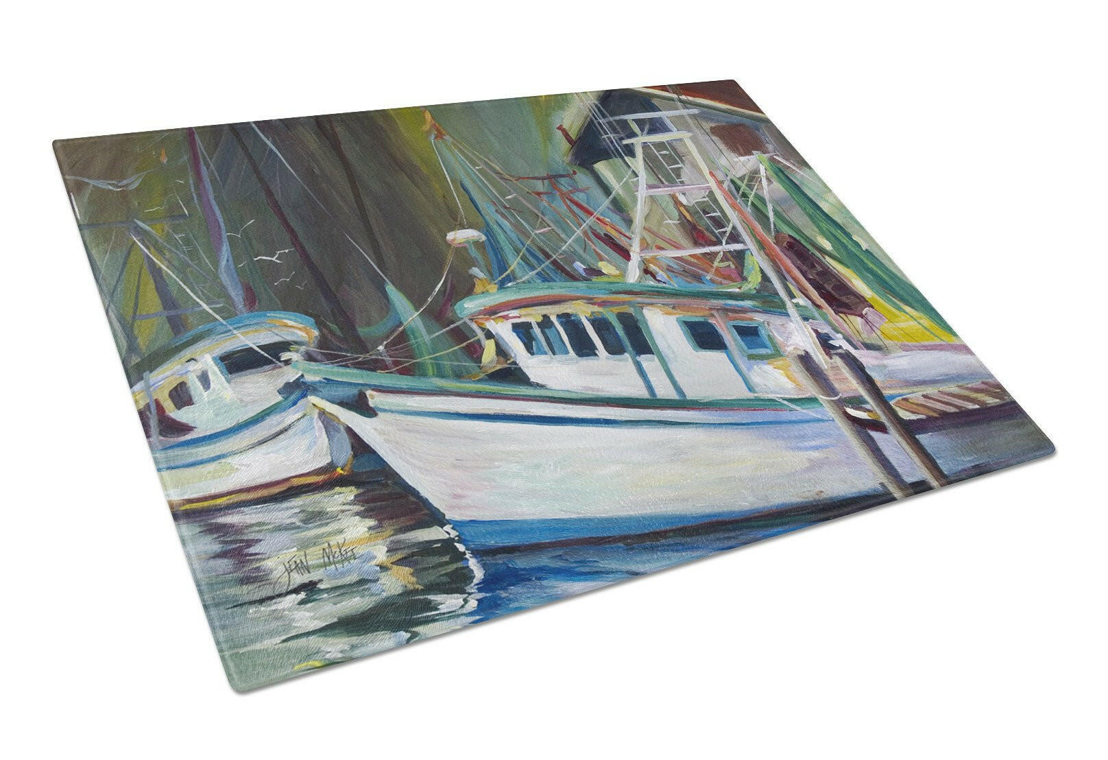 Joe Patti Shrimp Boat Cutting Board Tempered Glass Kitchen Cutting Surface, Heat Resistant Chopping, Non-Slip Feet, Food Prep & Serving