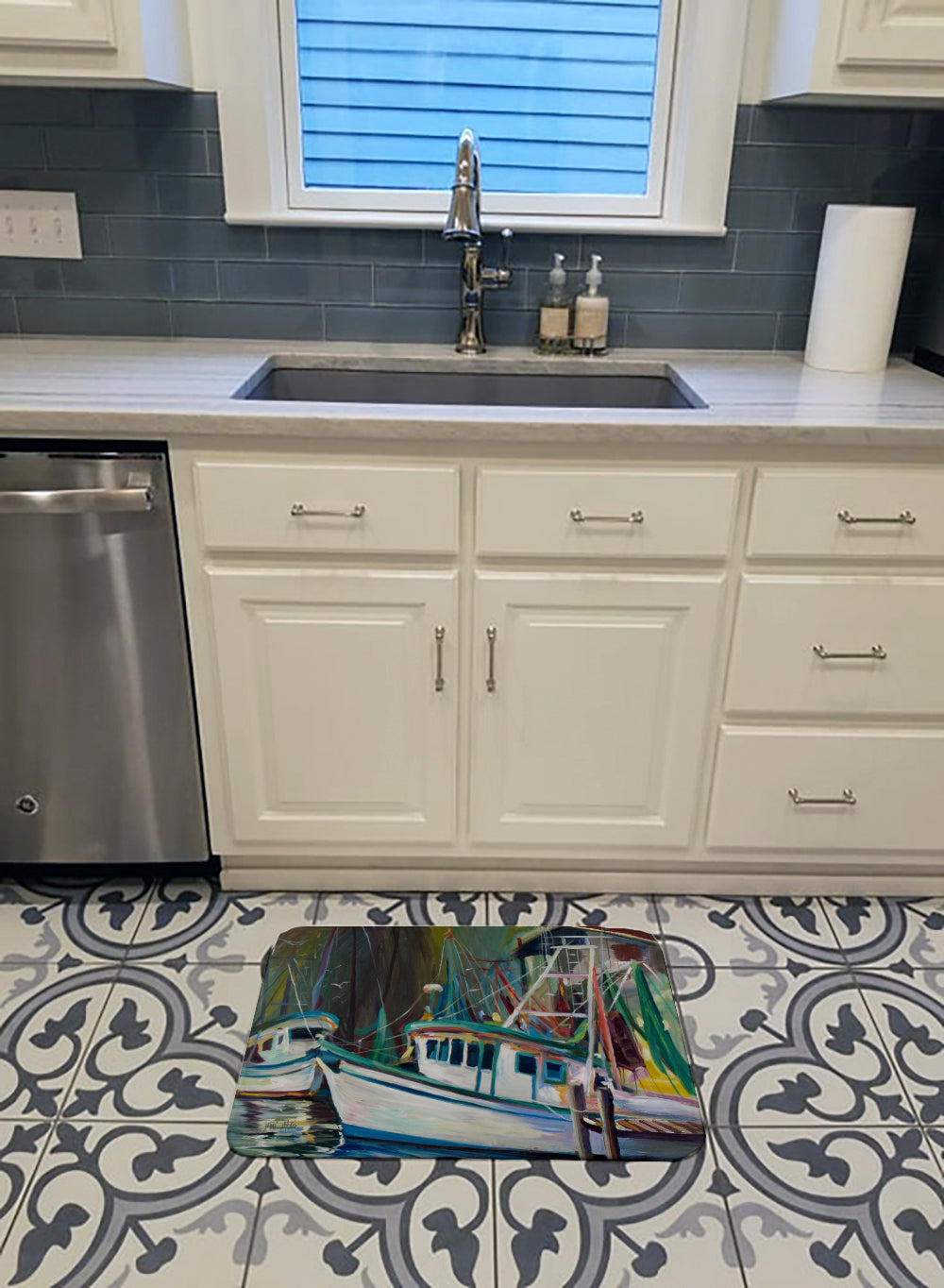 Joe Patti Shrimp Boat Memory Foam Kitchen Mat Machine Washable Anti-Fatigue Cushion Comfort Bath or Kitchen Rug