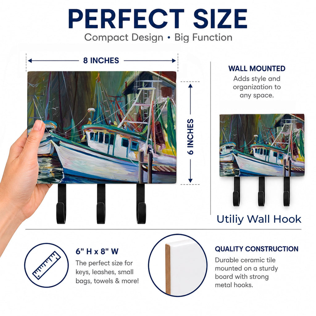 Joe Patti Shrimp Boat Leash or Key Holder Wall Hooks, Coat Rack Wall Mount, for Hanging Keys, Towels, Aprons, Leashes