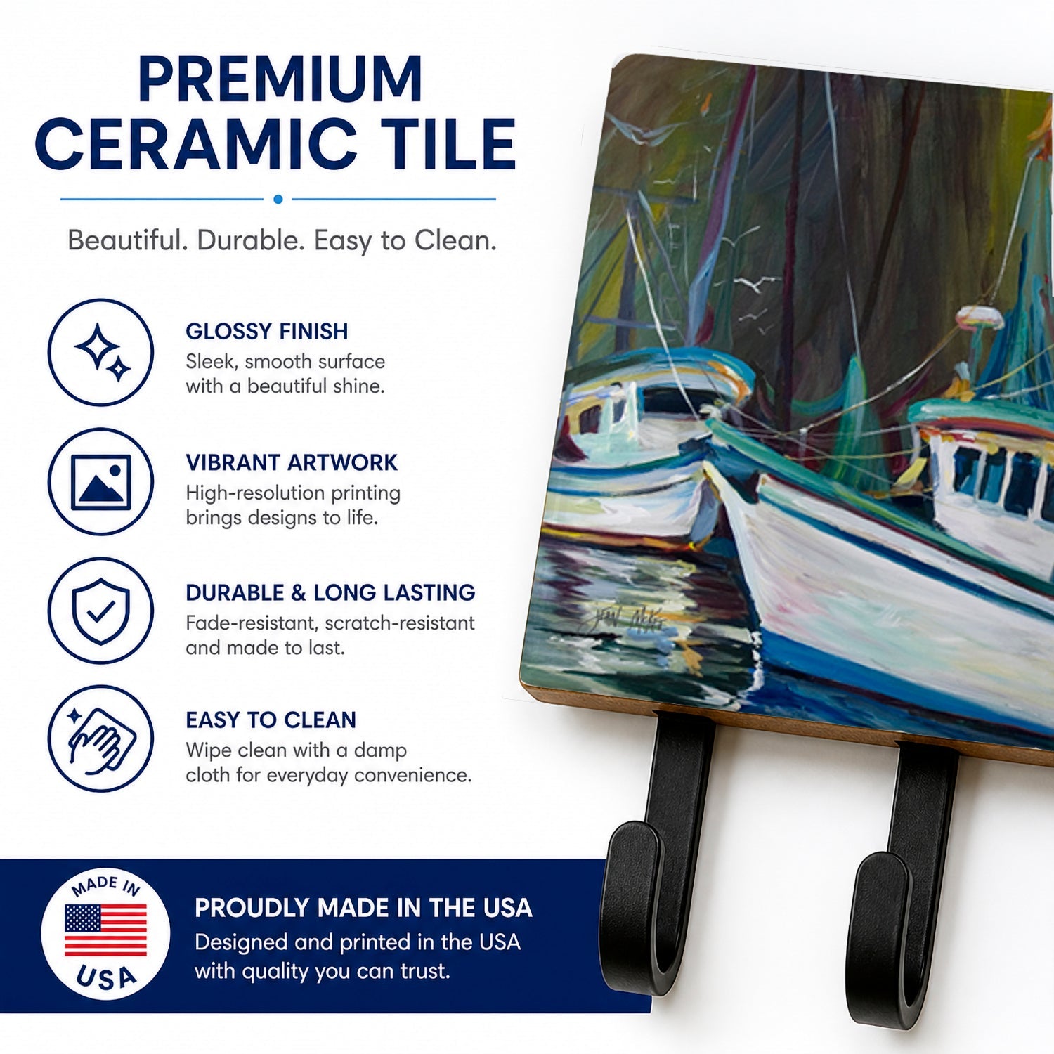 Joe Patti Shrimp Boat Leash or Key Holder Wall Hooks, Coat Rack Wall Mount, for Hanging Keys, Towels, Aprons, Leashes