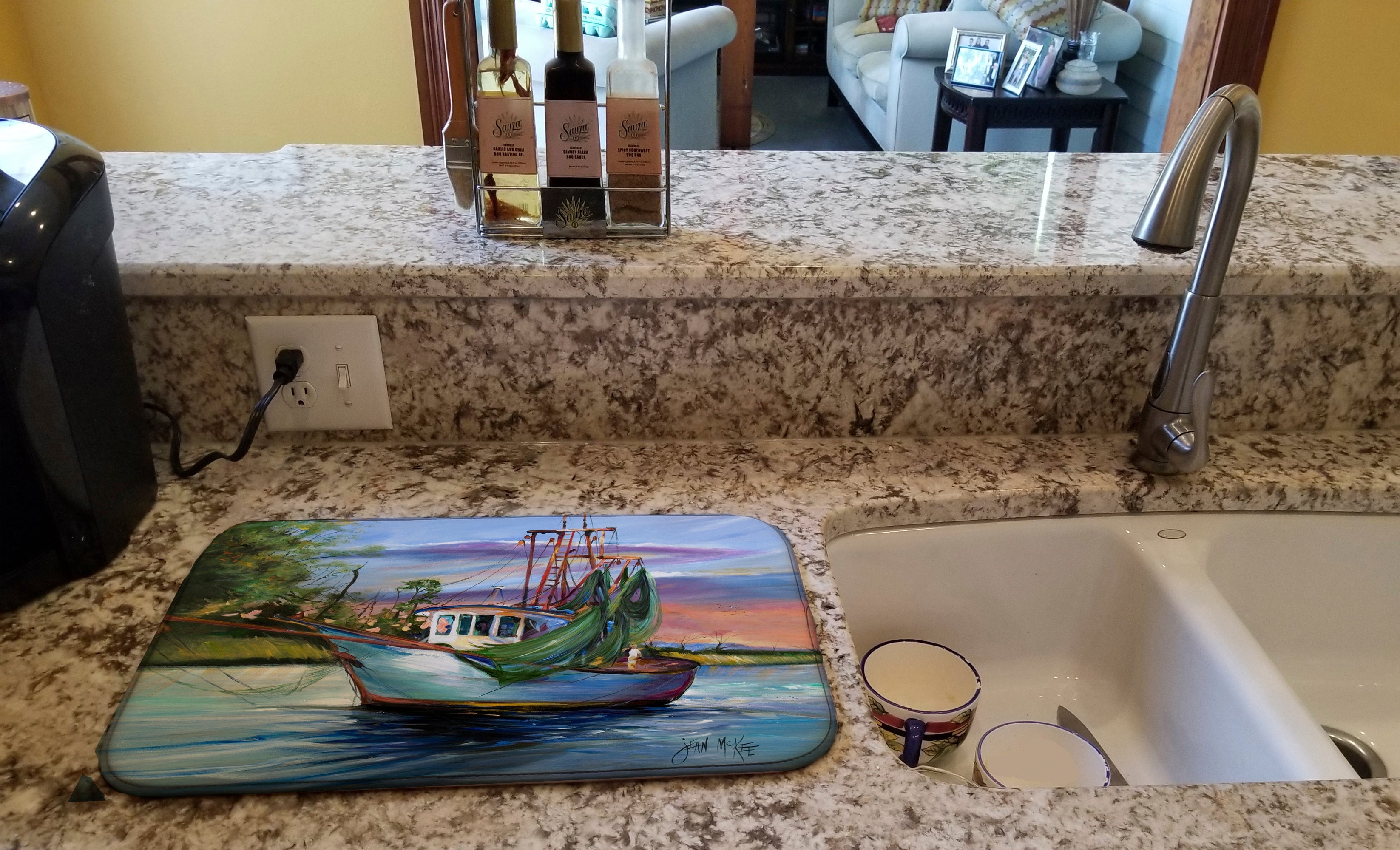 Jeannie Shrimp Boat Dish Drying Mat Absorbent Dish Drying Mat Pad for Kitchen Counter Dish Drainer Mat for Countertop, 14 x 21", Multicolor