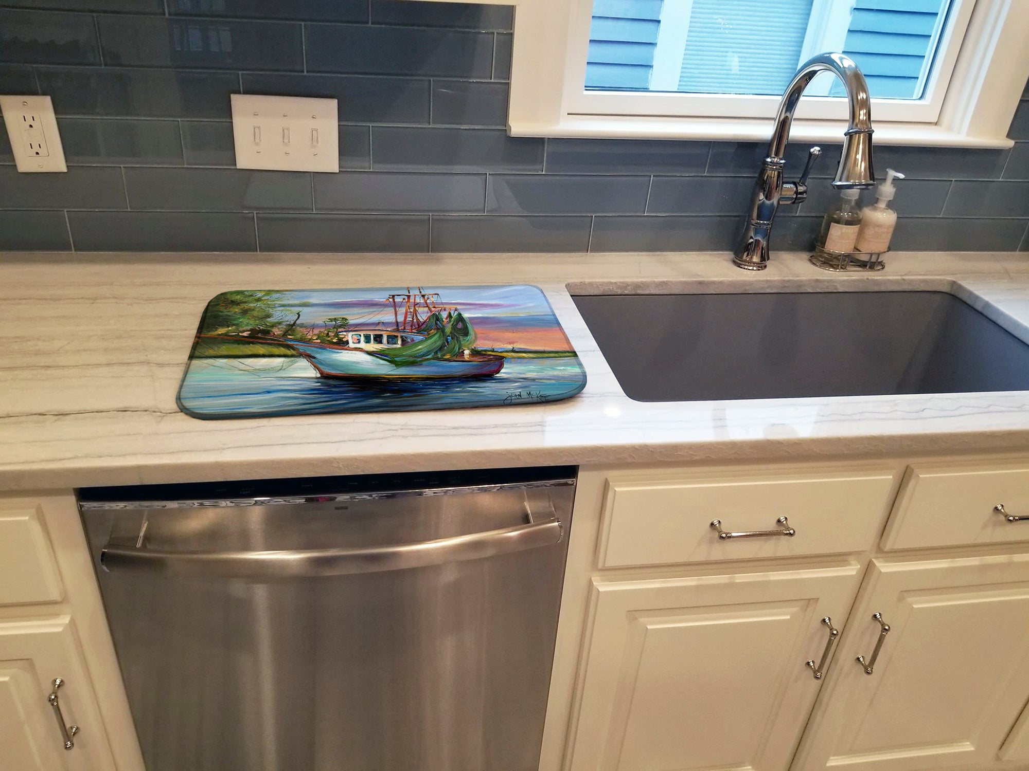 Jeannie Shrimp Boat Dish Drying Mat Absorbent Dish Drying Mat Pad for Kitchen Counter Dish Drainer Mat for Countertop, 14 x 21", Multicolor