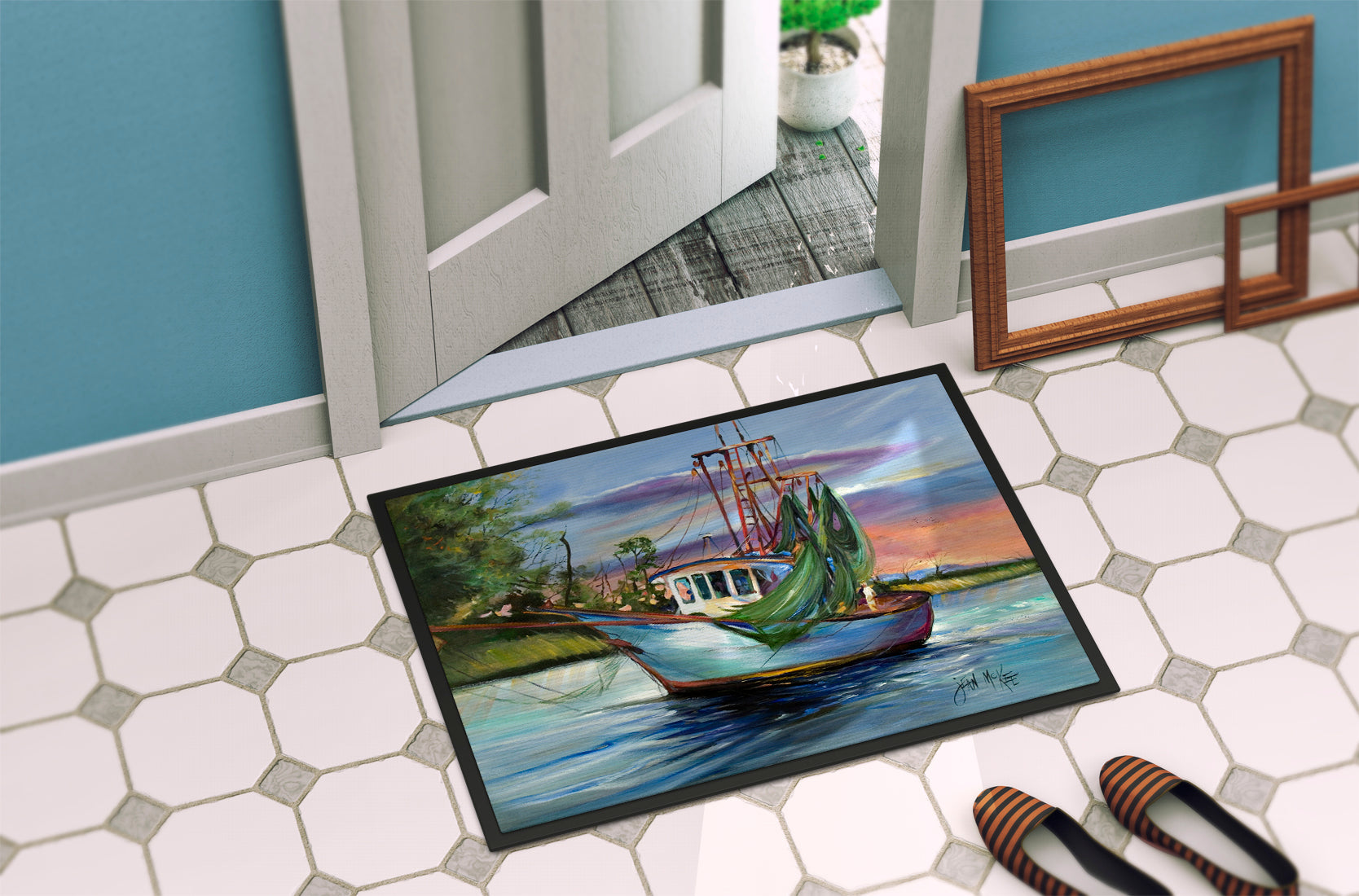 Jeannie Shrimp Boat Doormat Indoor Outdoor 24H X 36W Front Door Mat Rugs for Entryway, Non Slip Washable Low Pile,