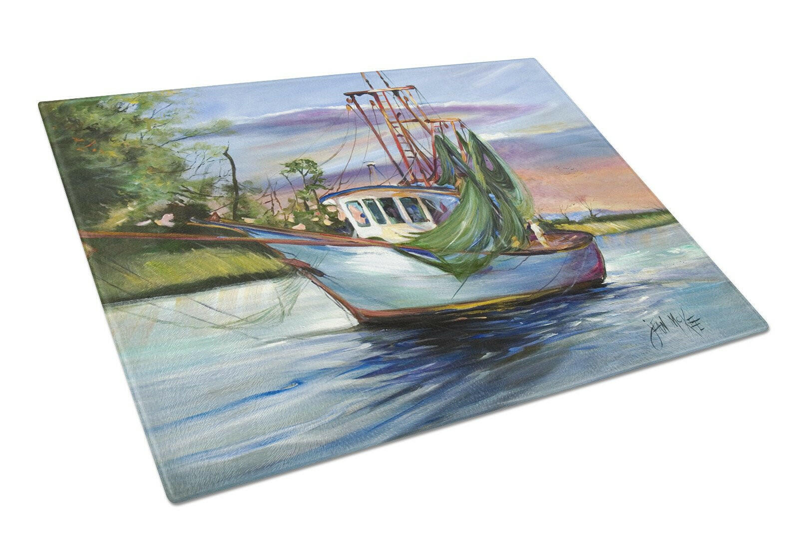 Jeannie Shrimp Boat Cutting Board Tempered Glass Kitchen Cutting Surface, Heat Resistant Chopping, Non-Slip Feet, Food Prep & Serving