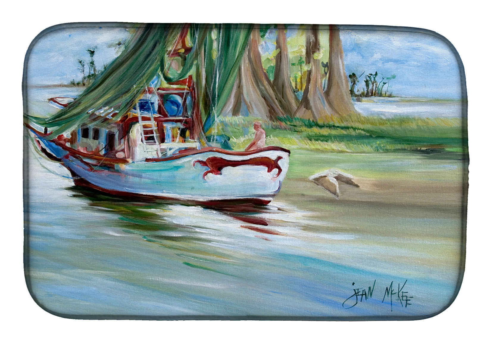 Jeannie Shrimp Boat Dish Drying Mat Absorbent Dish Drying Mat Pad for Kitchen Counter Dish Drainer Mat for Countertop, 14 x 21", Multicolor