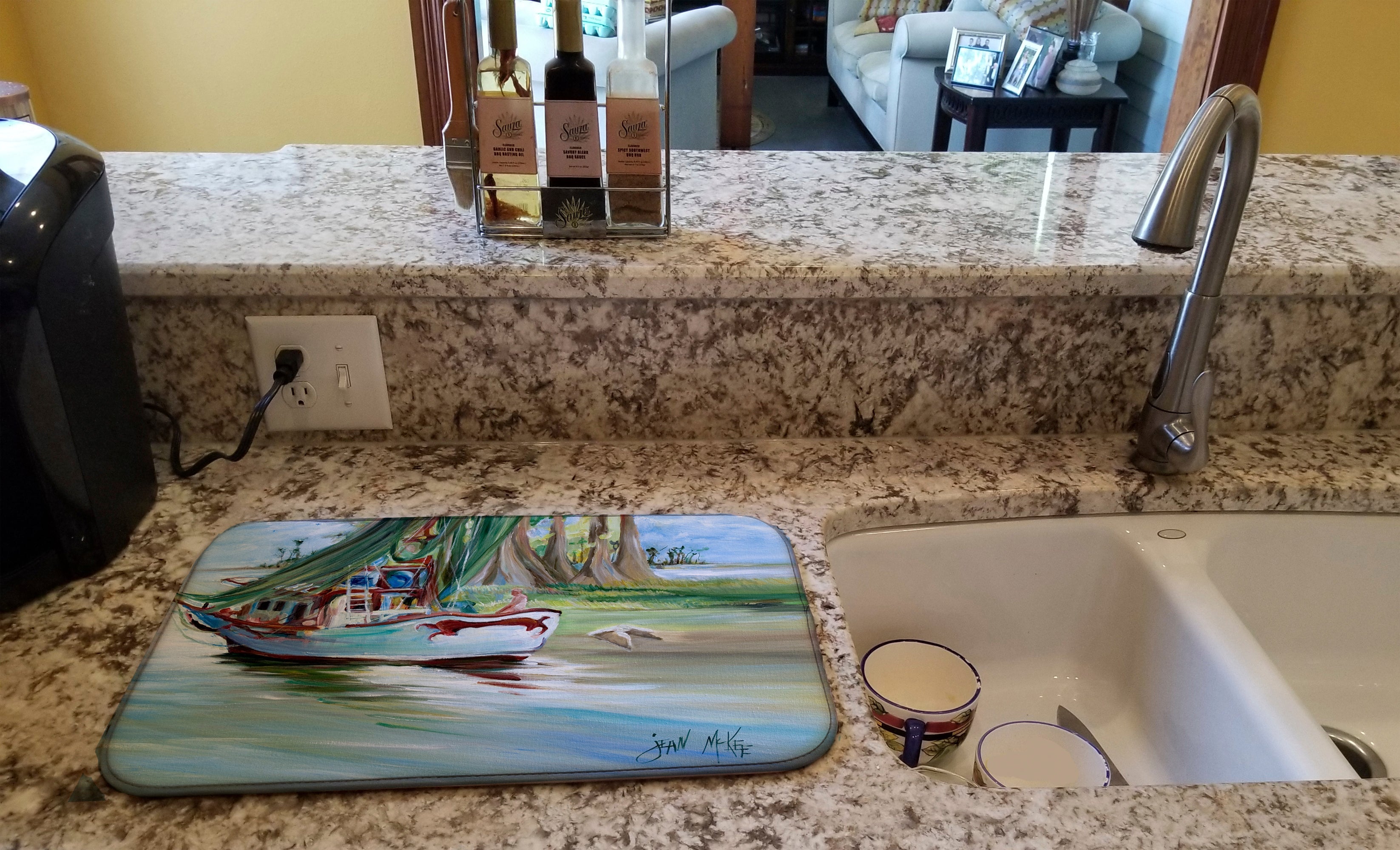 Jeannie Shrimp Boat Dish Drying Mat Absorbent Dish Drying Mat Pad for Kitchen Counter Dish Drainer Mat for Countertop, 14 x 21", Multicolor