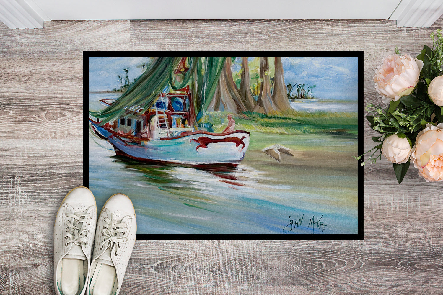 Jeannie Shrimp Boat Doormat Indoor Outdoor 24H X 36W Front Door Mat Rugs for Entryway, Non Slip Washable Low Pile,