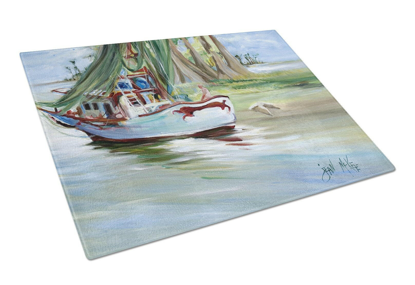 Jeannie Shrimp Boat Cutting Board Tempered Glass Kitchen Cutting Surface, Heat Resistant Chopping, Non-Slip Feet, Food Prep & Serving