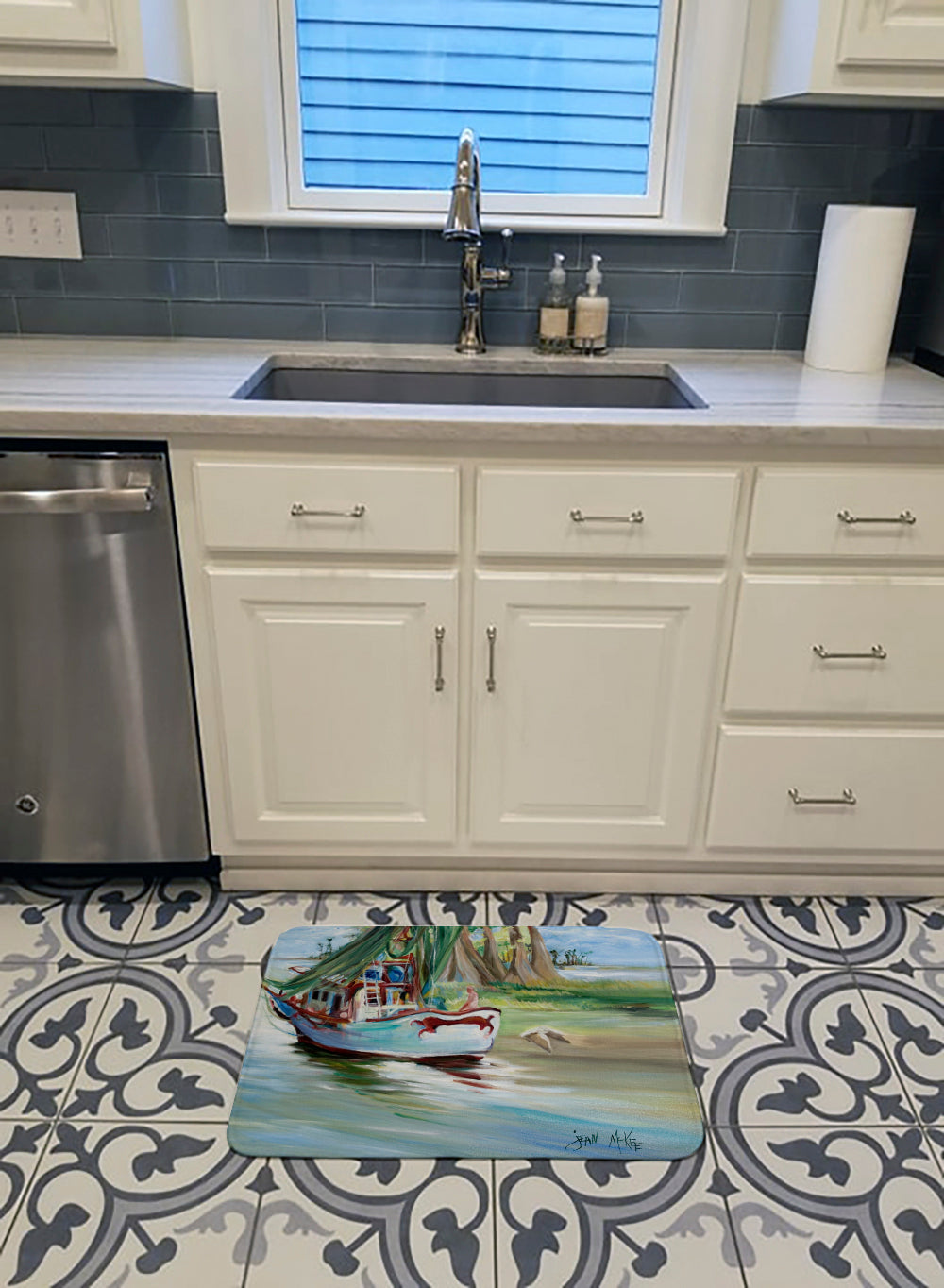 Jeannie Shrimp Boat Memory Foam Kitchen Mat Machine Washable Anti-Fatigue Cushion Comfort Bath or Kitchen Rug