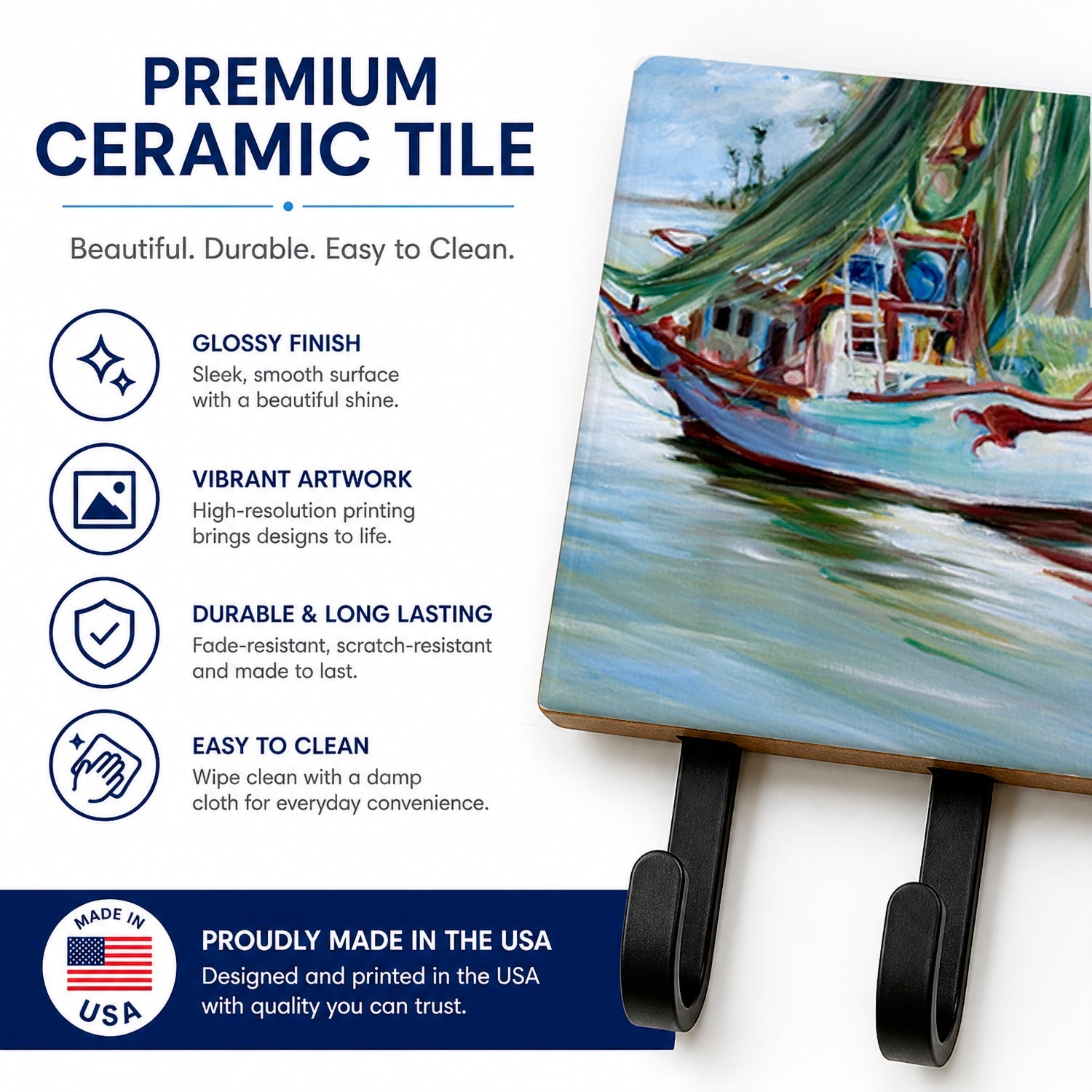 Jeannie Shrimp Boat Leash or Key Holder Wall Hooks, Coat Rack Wall Mount, for Hanging Keys, Towels, Aprons, Leashes