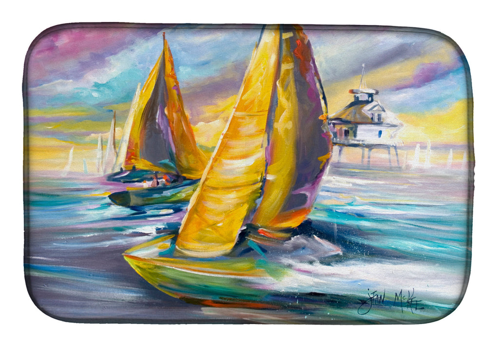 Sailboat with Middle Bay Lighthouse Dish Drying Mat Absorbent Dish Drying Mat Pad for Kitchen Counter Dish Drainer Mat for Countertop, 14 x 21", Multicolor