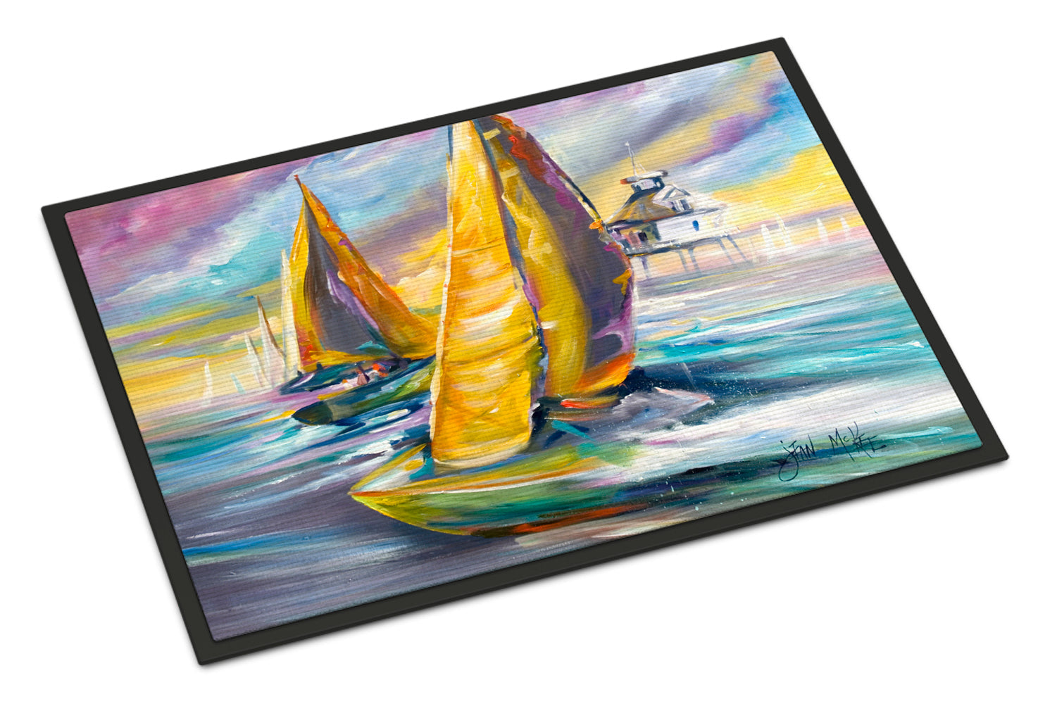 Sailboat with Middle Bay Lighthouse Doormat Indoor Outdoor 24H X 36W Front Door Mat Rugs for Entryway, Non Slip Washable Low Pile,