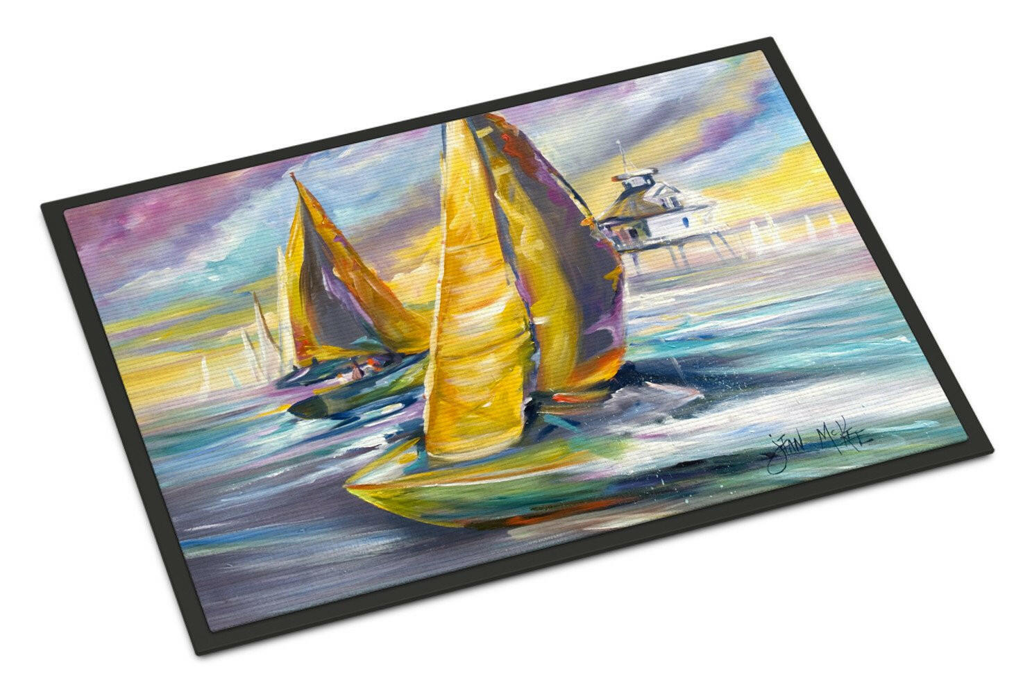 Sailboat with Middle Bay Lighthouse Doormat Indoor Outdoor 18H X 27W Front Door Mat Rugs for Entryway, Non Slip Washable
