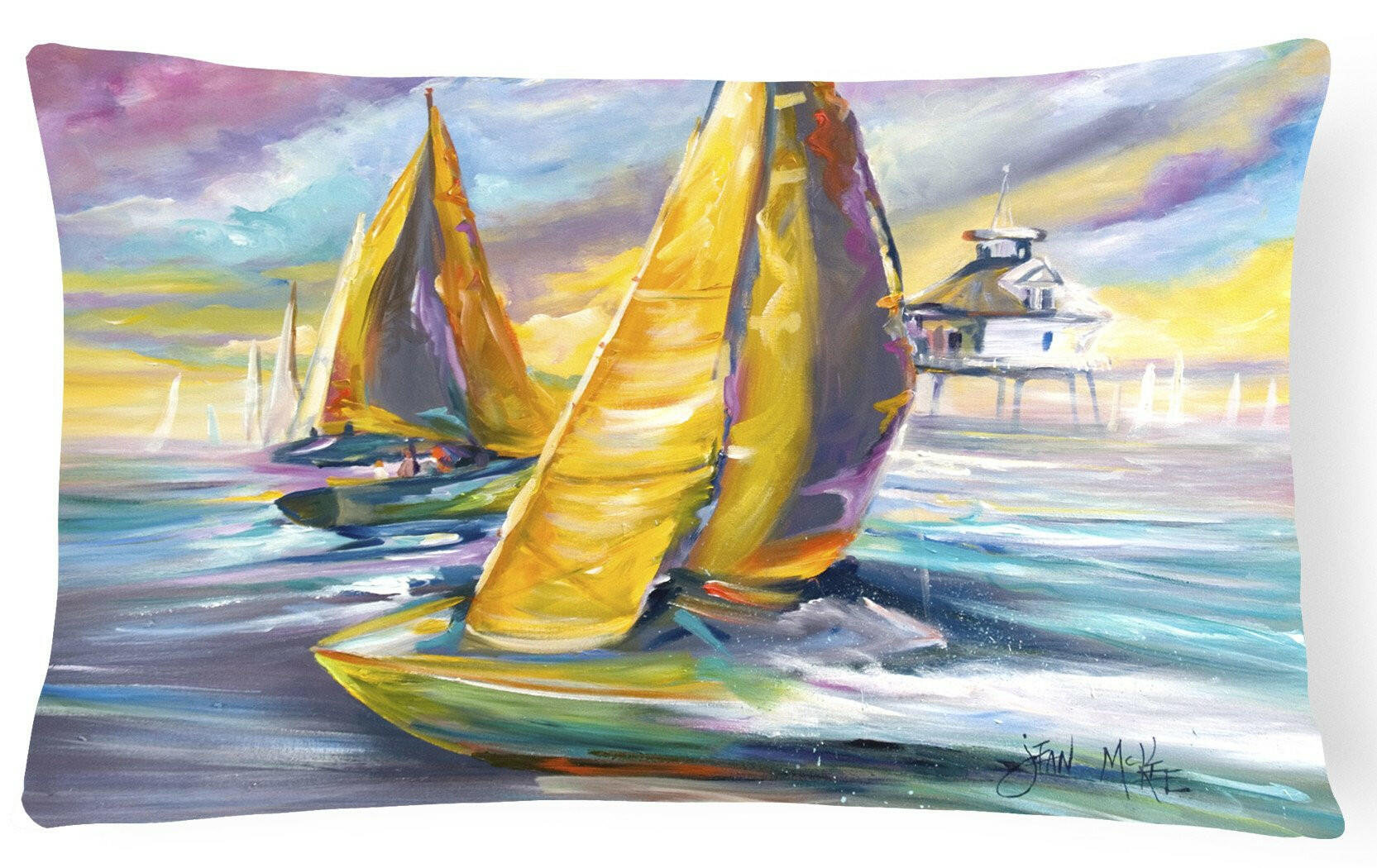 Sailboat with Middle Bay Lighthouse Decorative Throw Pillow 12x16 Indoor Outdoor Accent Cushion, Fabric Cover with Insert for Sofa, Bed, Porch & Living Room