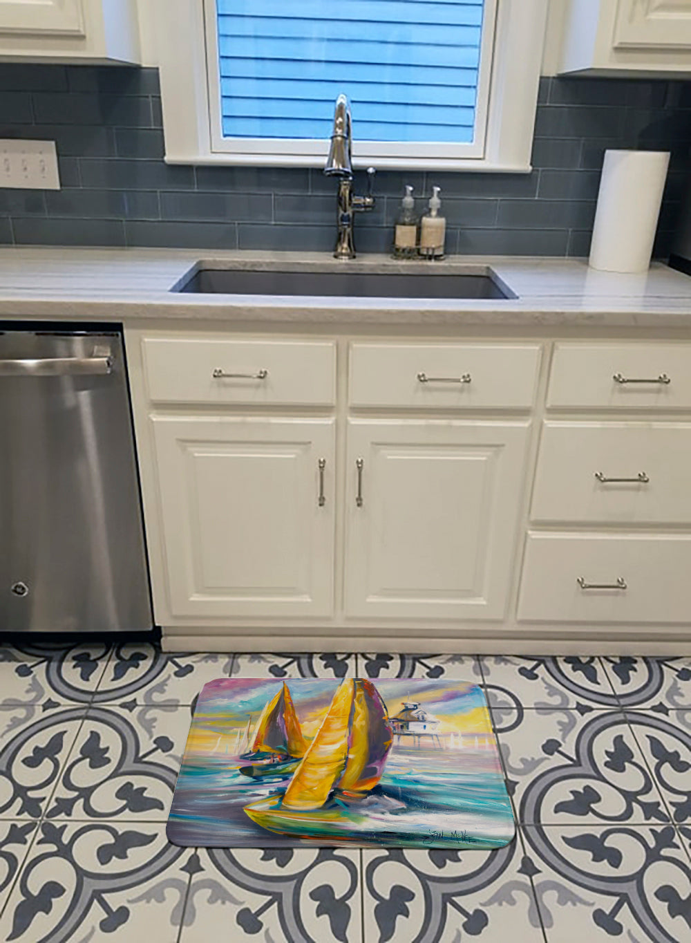 Sailboat with Middle Bay Lighthouse Memory Foam Kitchen Mat Machine Washable Anti-Fatigue Cushion Comfort Bath or Kitchen Rug