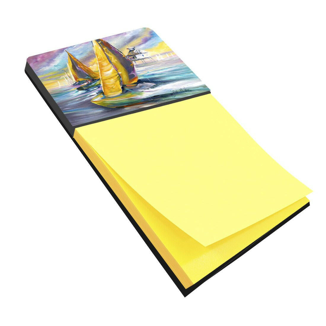 Sailboat with Middle Bay Lighthouse Watercolor Sticky Note Holder Refillable Dispenser Desk Accessory 3x3 Pad Gift