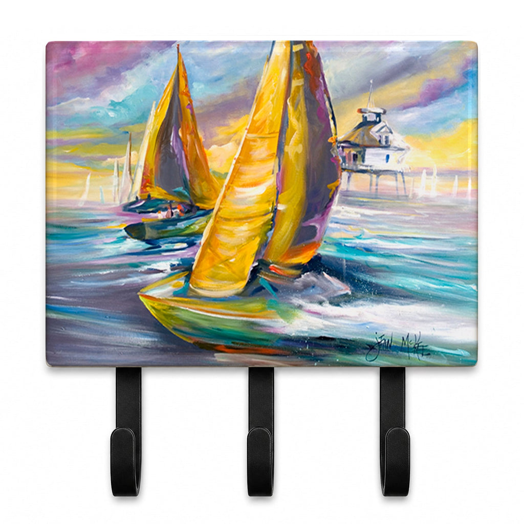 Sailboat with Middle Bay Lighthouse Leash or Key Holder Wall Hooks, Coat Rack Wall Mount, for Hanging Keys, Towels, Aprons, Leashes
