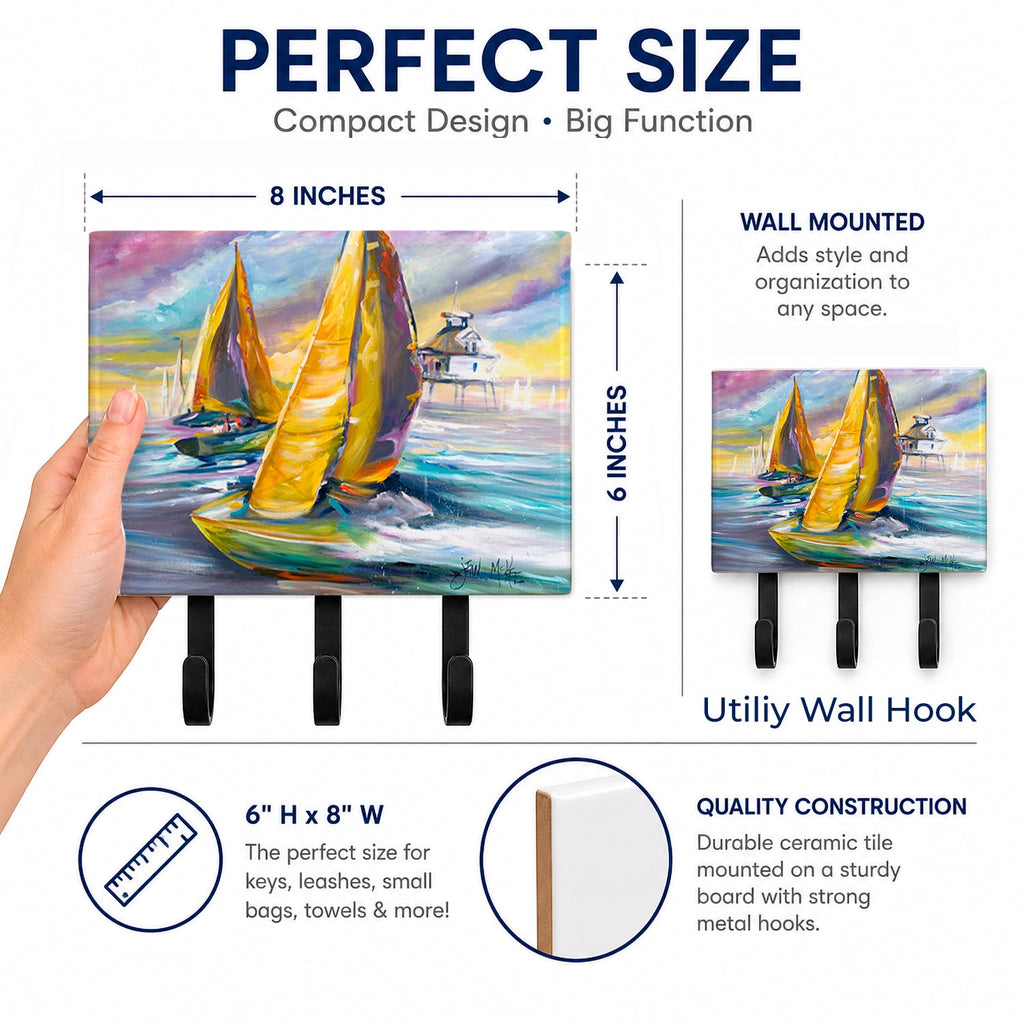 Sailboat with Middle Bay Lighthouse Leash or Key Holder Wall Hooks, Coat Rack Wall Mount, for Hanging Keys, Towels, Aprons, Leashes