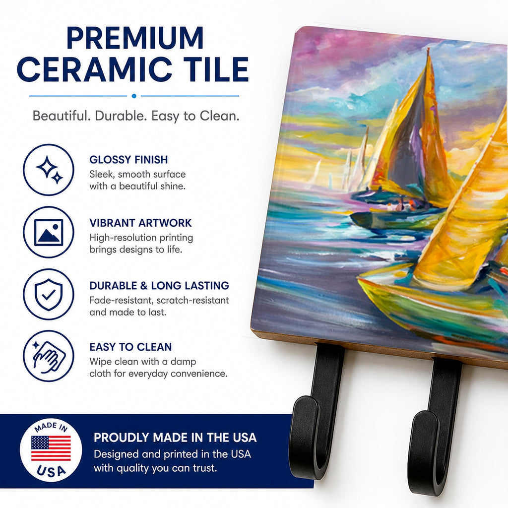 Sailboat with Middle Bay Lighthouse Leash or Key Holder Wall Hooks, Coat Rack Wall Mount, for Hanging Keys, Towels, Aprons, Leashes