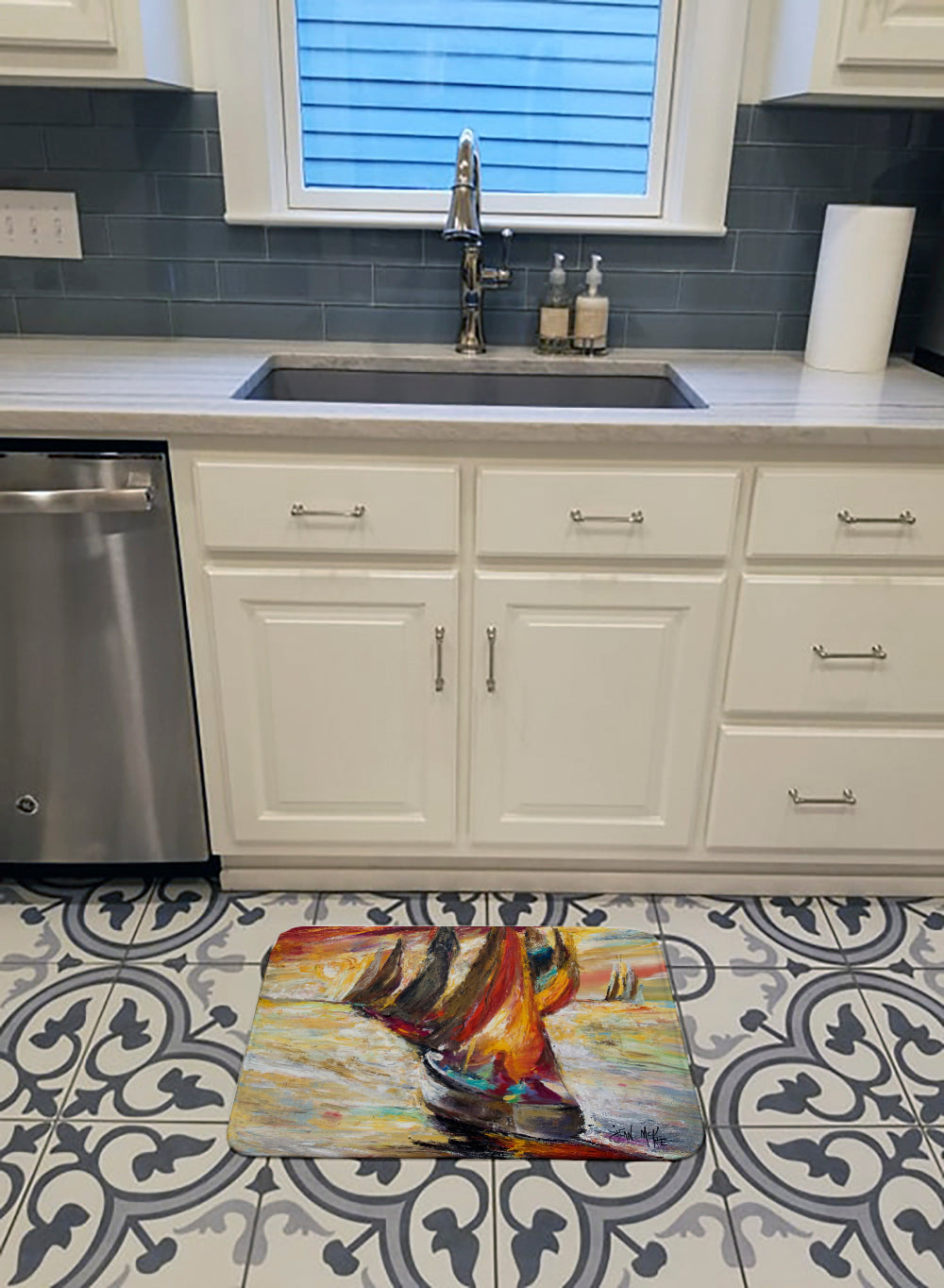 Red Sails Sailboat  Memory Foam Kitchen Mat Machine Washable Anti-Fatigue Cushion Comfort Bath or Kitchen Rug