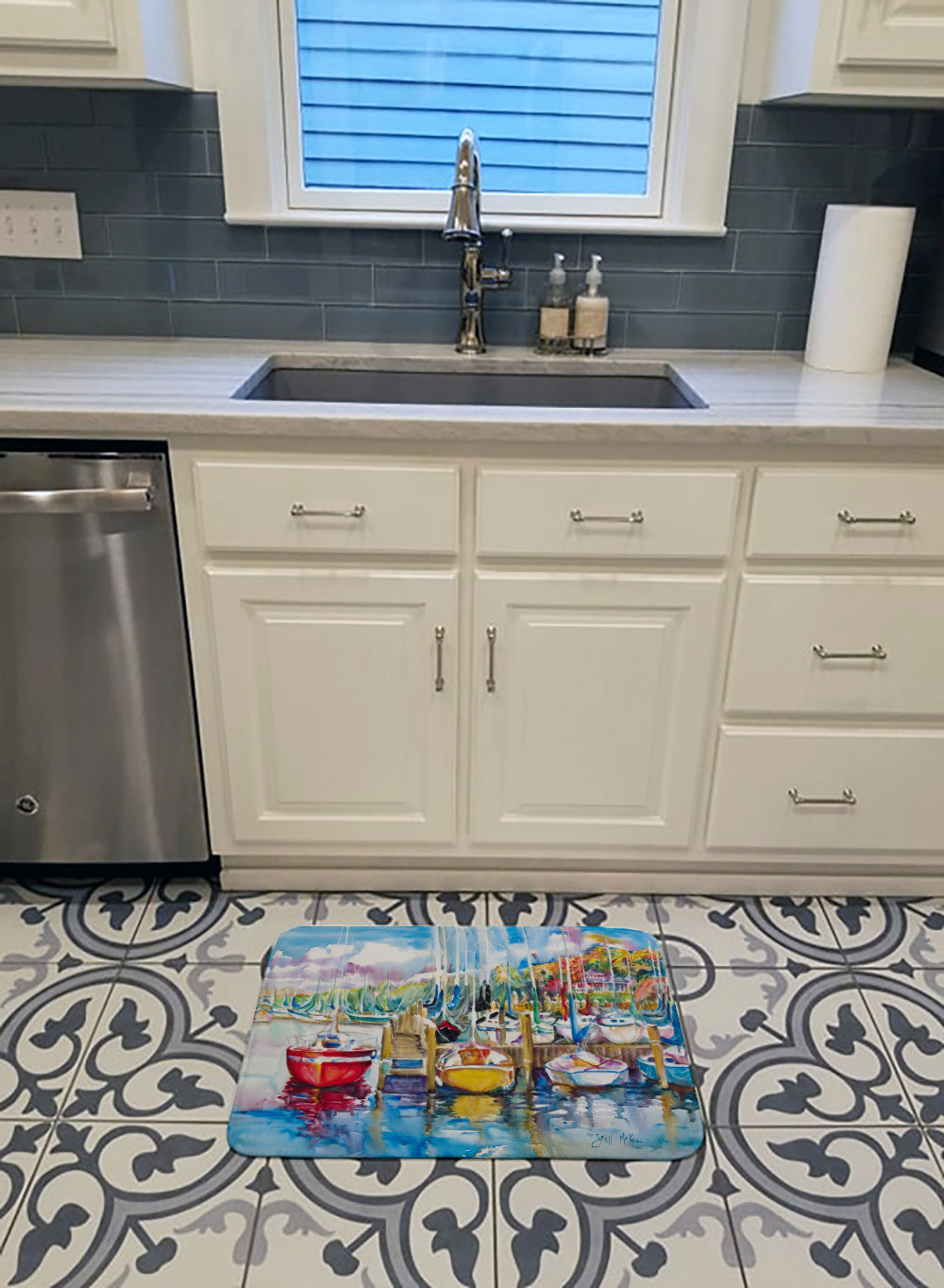 Paradise Yacht Club Sailboats Memory Foam Kitchen Mat Machine Washable Anti-Fatigue Cushion Comfort Bath or Kitchen Rug