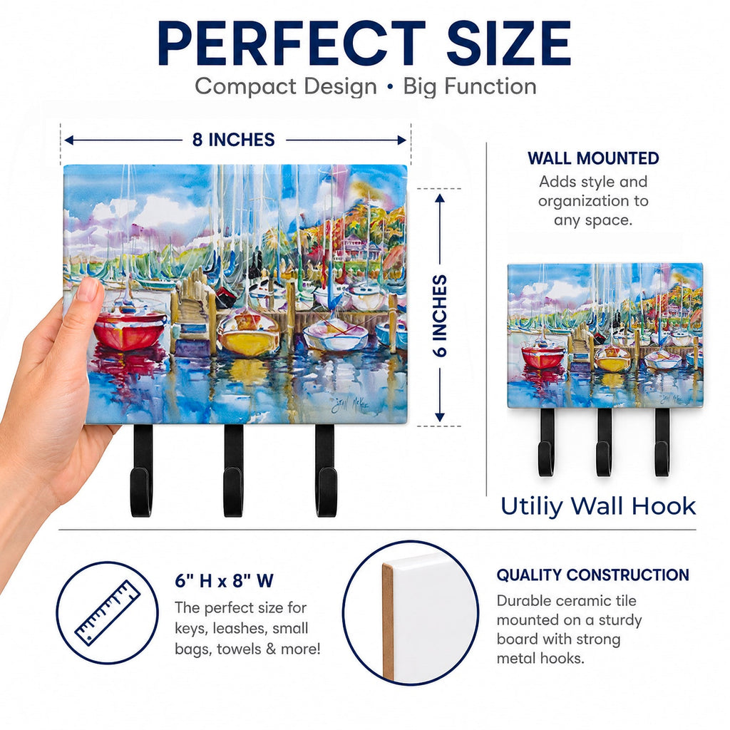 Paradise Yacht Club Sailboats Leash or Key Holder Wall Hooks, Coat Rack Wall Mount, for Hanging Keys, Towels, Aprons, Leashes