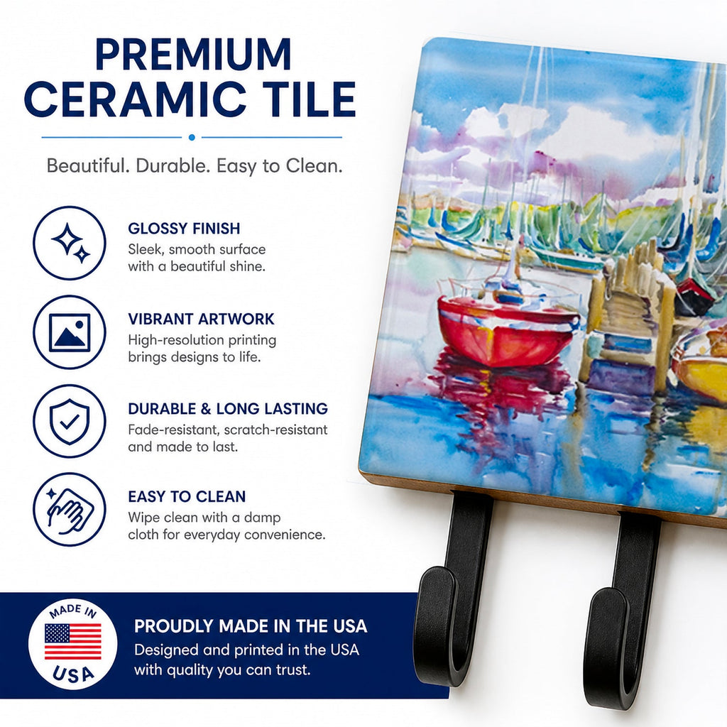 Paradise Yacht Club Sailboats Leash or Key Holder Wall Hooks, Coat Rack Wall Mount, for Hanging Keys, Towels, Aprons, Leashes