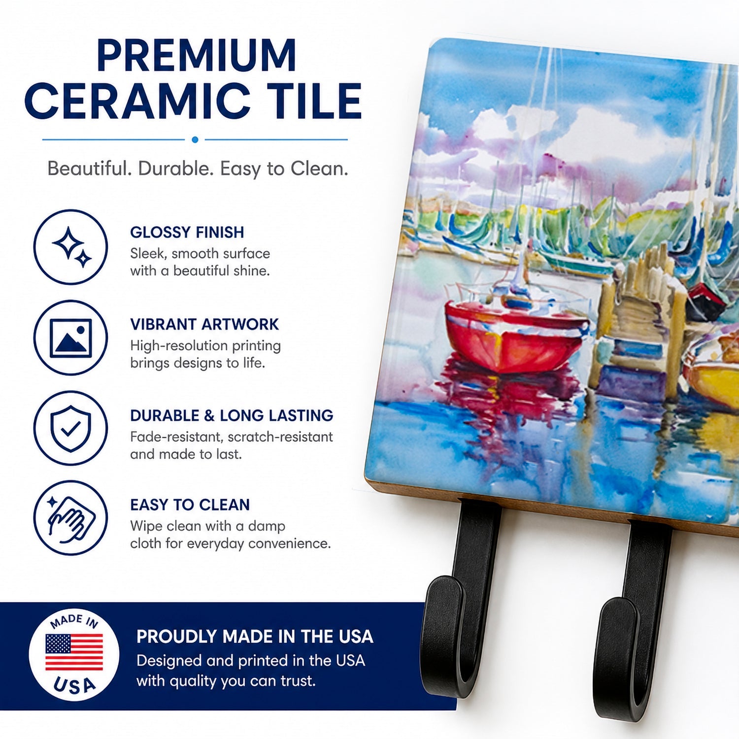 Paradise Yacht Club Sailboats Leash or Key Holder Wall Hooks, Coat Rack Wall Mount, for Hanging Keys, Towels, Aprons, Leashes