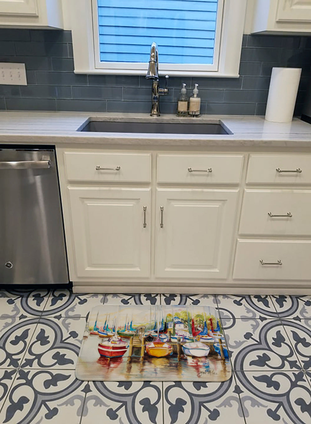 Paradise Yacht Club II Sailboats Memory Foam Kitchen Mat Machine Washable Anti-Fatigue Cushion Comfort Bath or Kitchen Rug