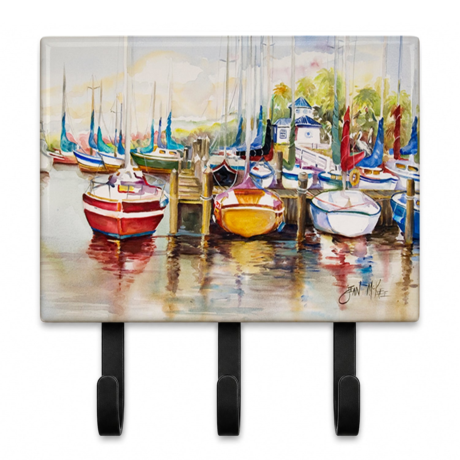 Paradise Yacht Club II Sailboats Leash or Key Holder Wall Hooks, Coat Rack Wall Mount, for Hanging Keys, Towels, Aprons, Leashes