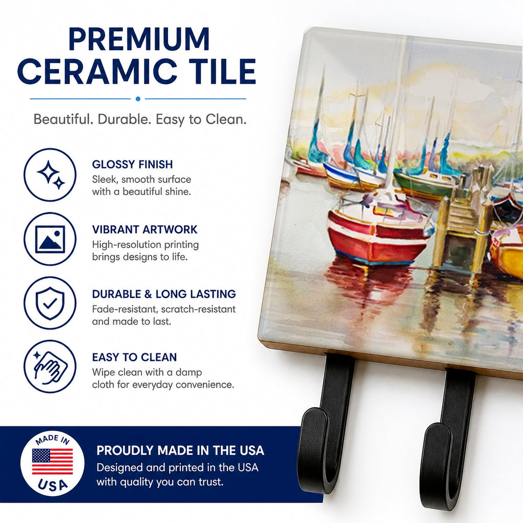 Paradise Yacht Club II Sailboats Leash or Key Holder Wall Hooks, Coat Rack Wall Mount, for Hanging Keys, Towels, Aprons, Leashes