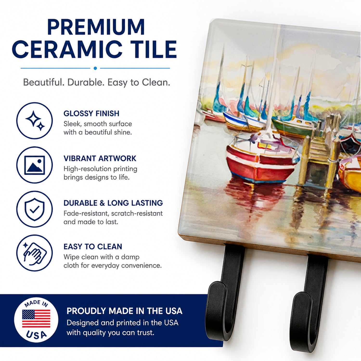 Paradise Yacht Club II Sailboats Leash or Key Holder Wall Hooks, Coat Rack Wall Mount, for Hanging Keys, Towels, Aprons, Leashes