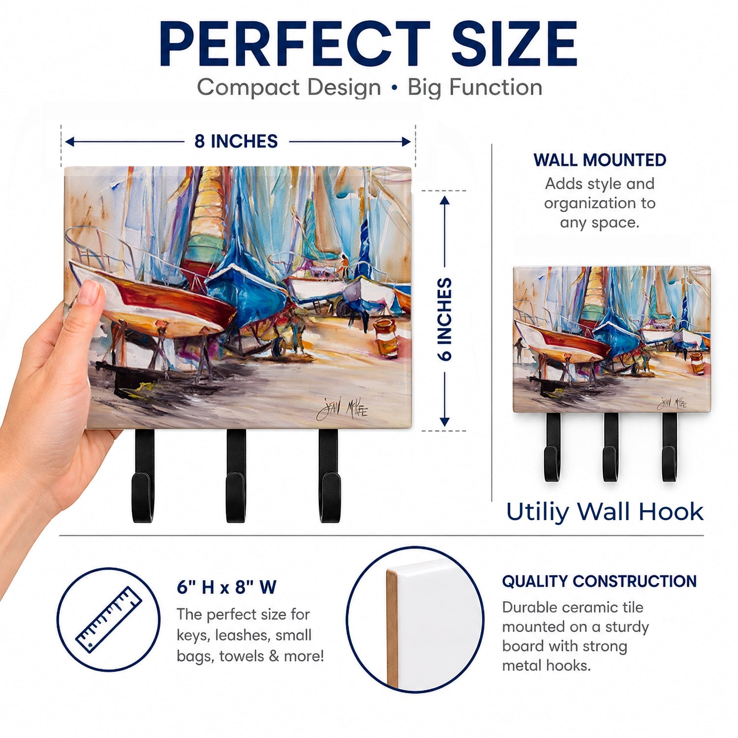 On the Hill Sailboats Leash or Key Holder Wall Hooks, Coat Rack Wall Mount, for Hanging Keys, Towels, Aprons, Leashes