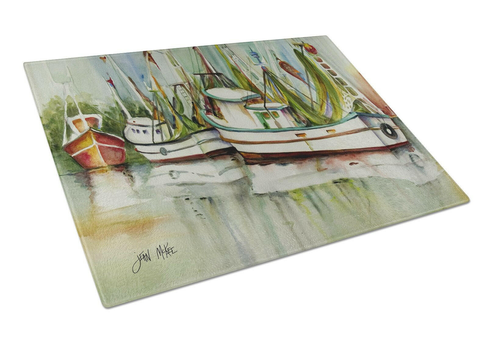 Ocean Springs Shrimper Cutting Board Tempered Glass Kitchen Cutting Surface, Heat Resistant Chopping, Non-Slip Feet, Food Prep & Serving