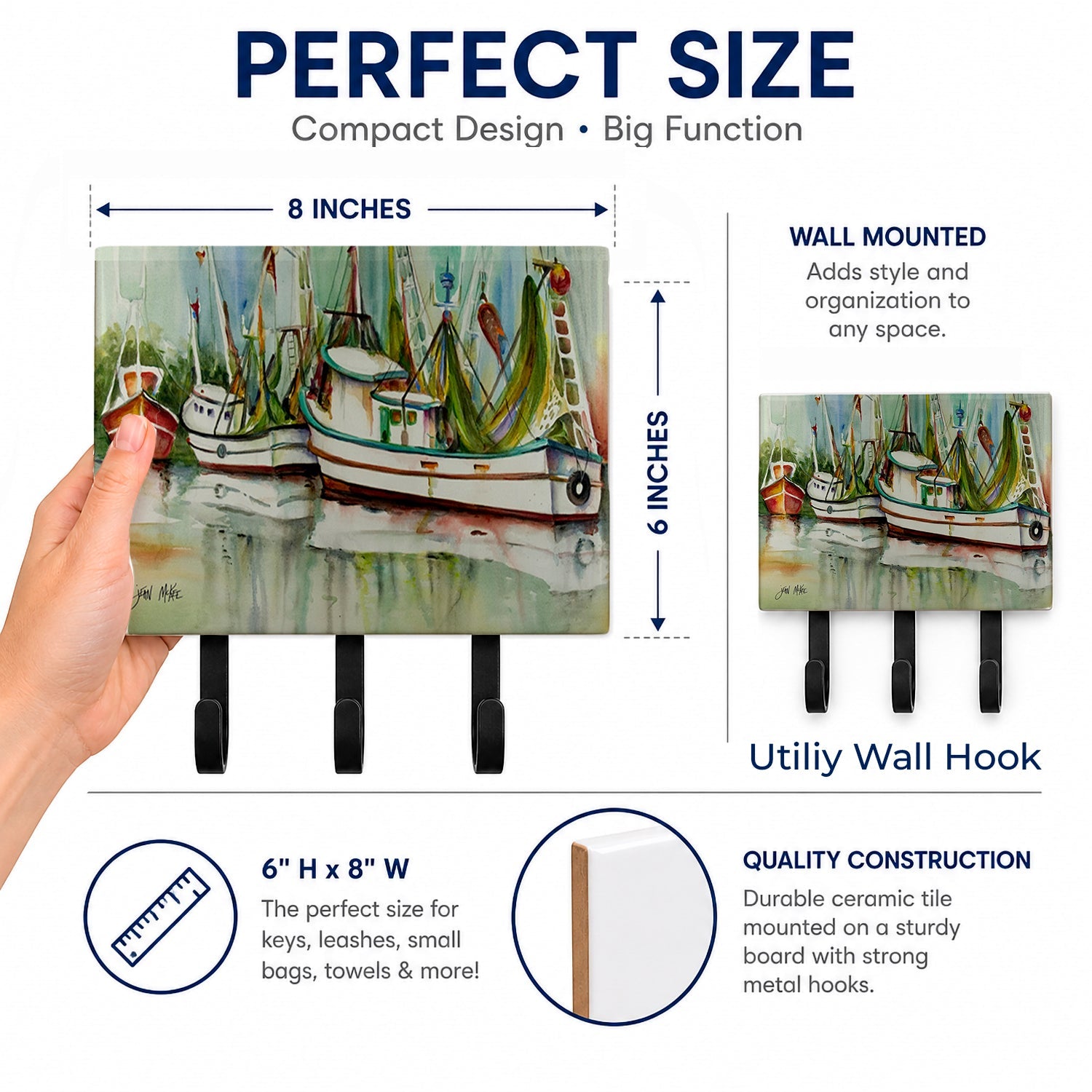 Ocean Springs Shrimper Leash or Key Holder Wall Hooks, Coat Rack Wall Mount, for Hanging Keys, Towels, Aprons, Leashes