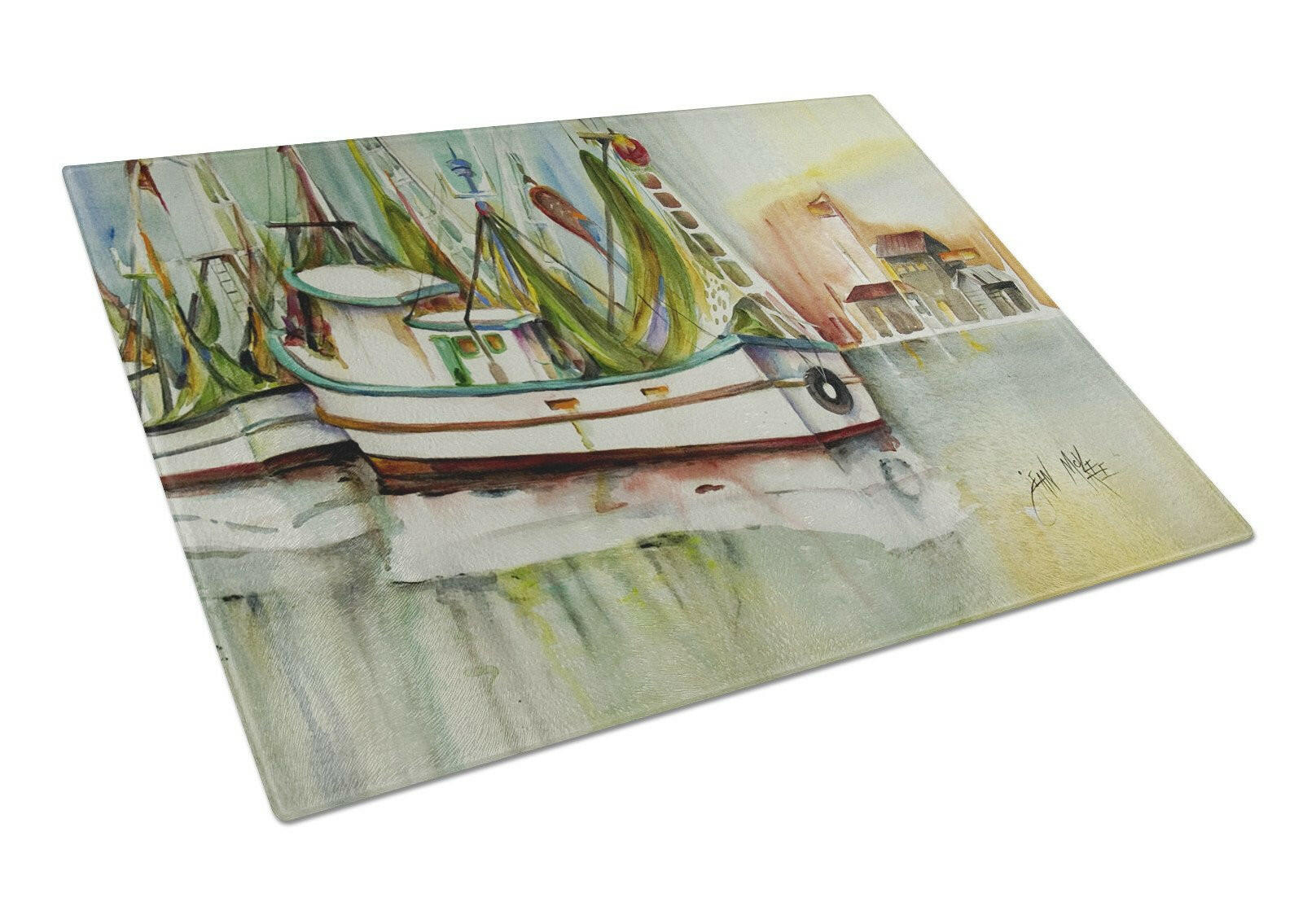 Ocean Springs Shrimper Cutting Board Tempered Glass Kitchen Cutting Surface, Heat Resistant Chopping, Non-Slip Feet, Food Prep & Serving