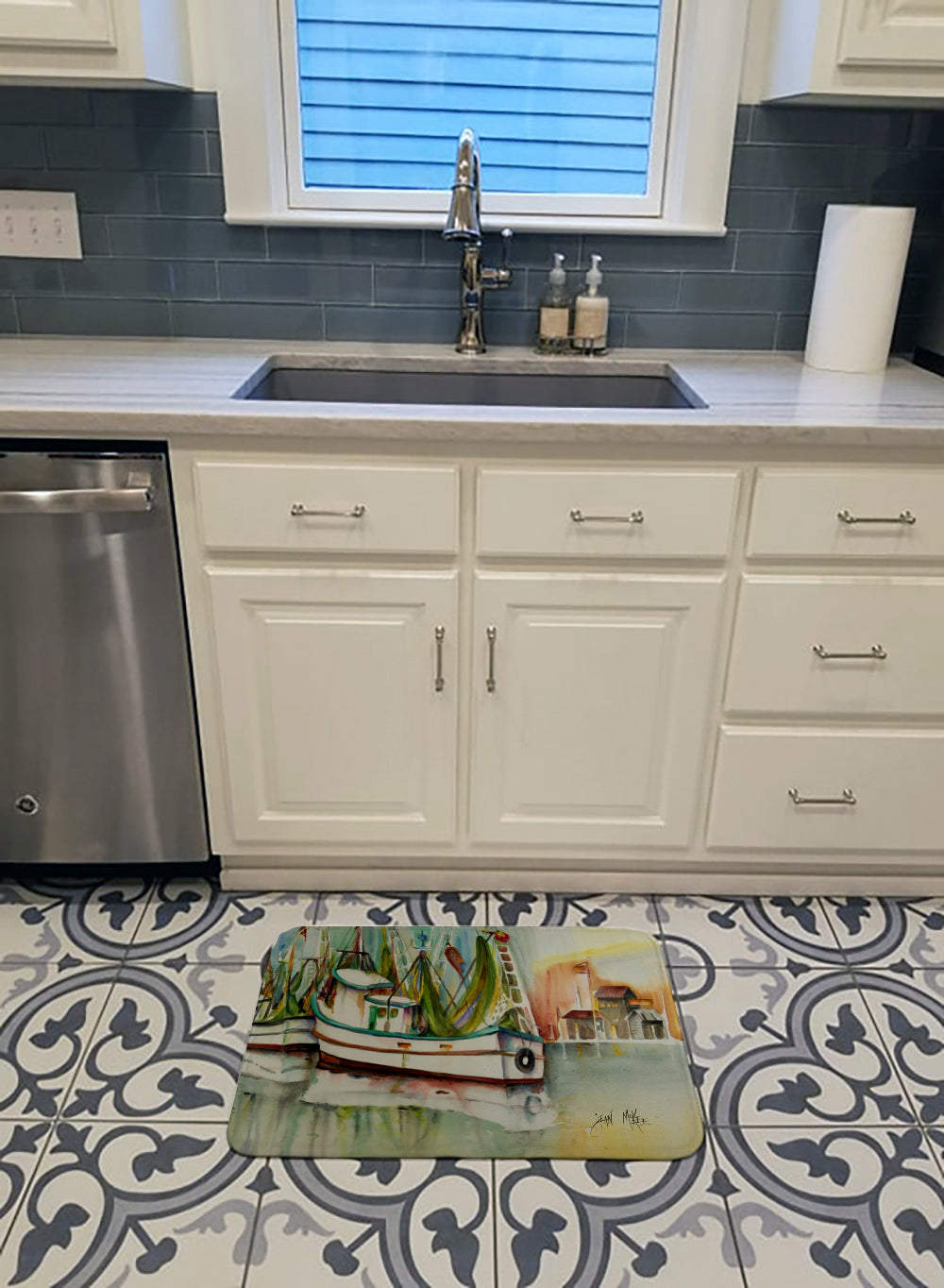 Ocean Springs Shrimper Memory Foam Kitchen Mat Machine Washable Anti-Fatigue Cushion Comfort Bath or Kitchen Rug