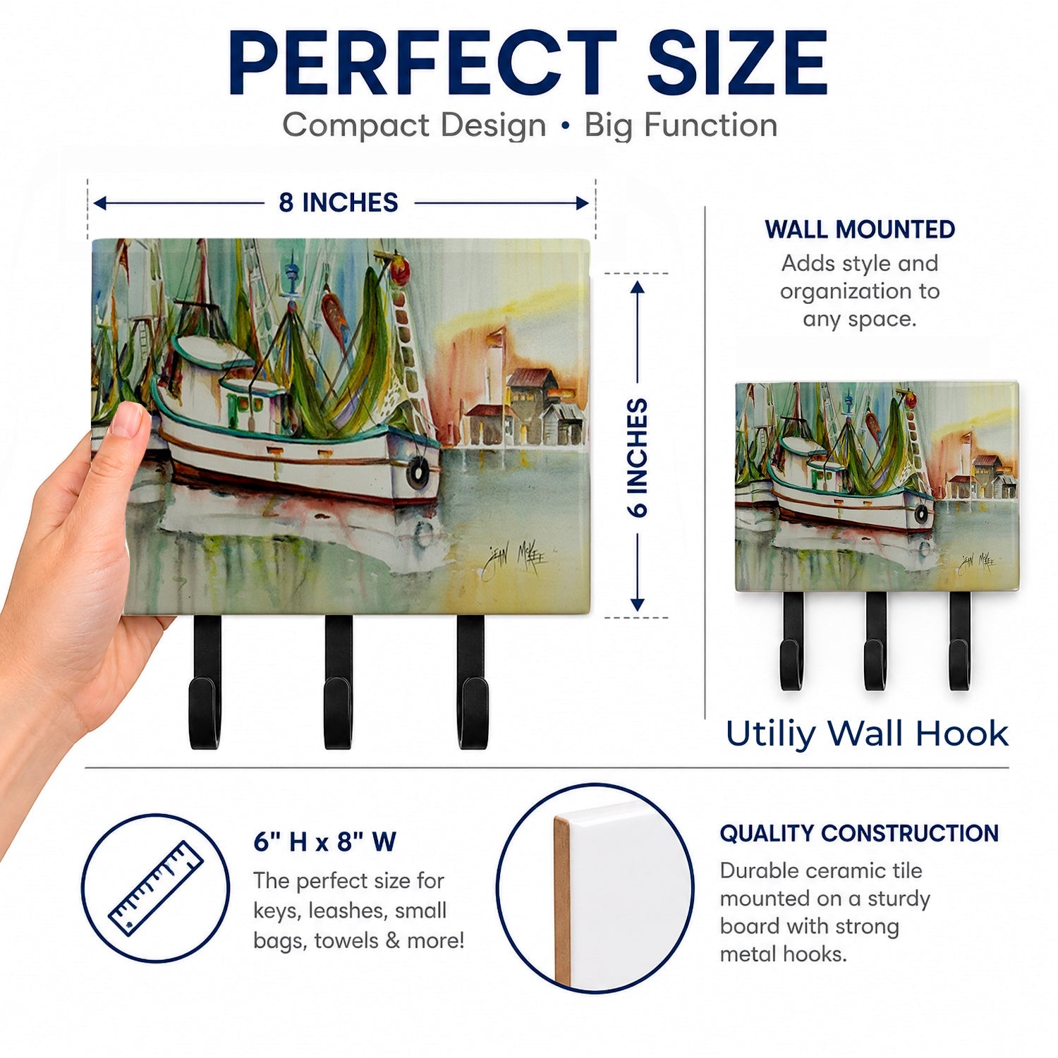 Ocean Springs Shrimper Leash or Key Holder Wall Hooks, Coat Rack Wall Mount, for Hanging Keys, Towels, Aprons, Leashes