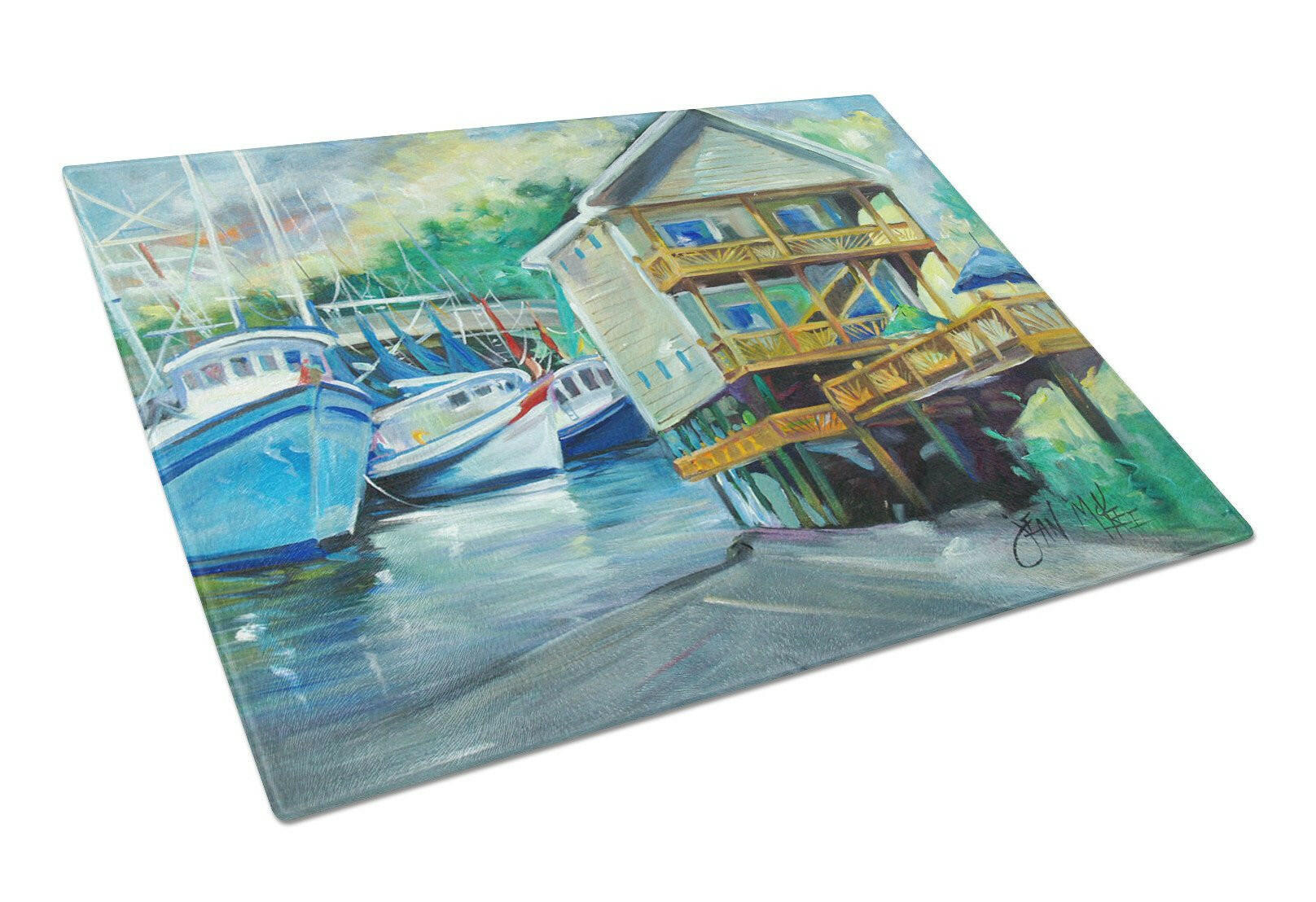 Ocean Springs Harbour Landing Cutting Board Tempered Glass Kitchen Cutting Surface, Heat Resistant Chopping, Non-Slip Feet, Food Prep & Serving